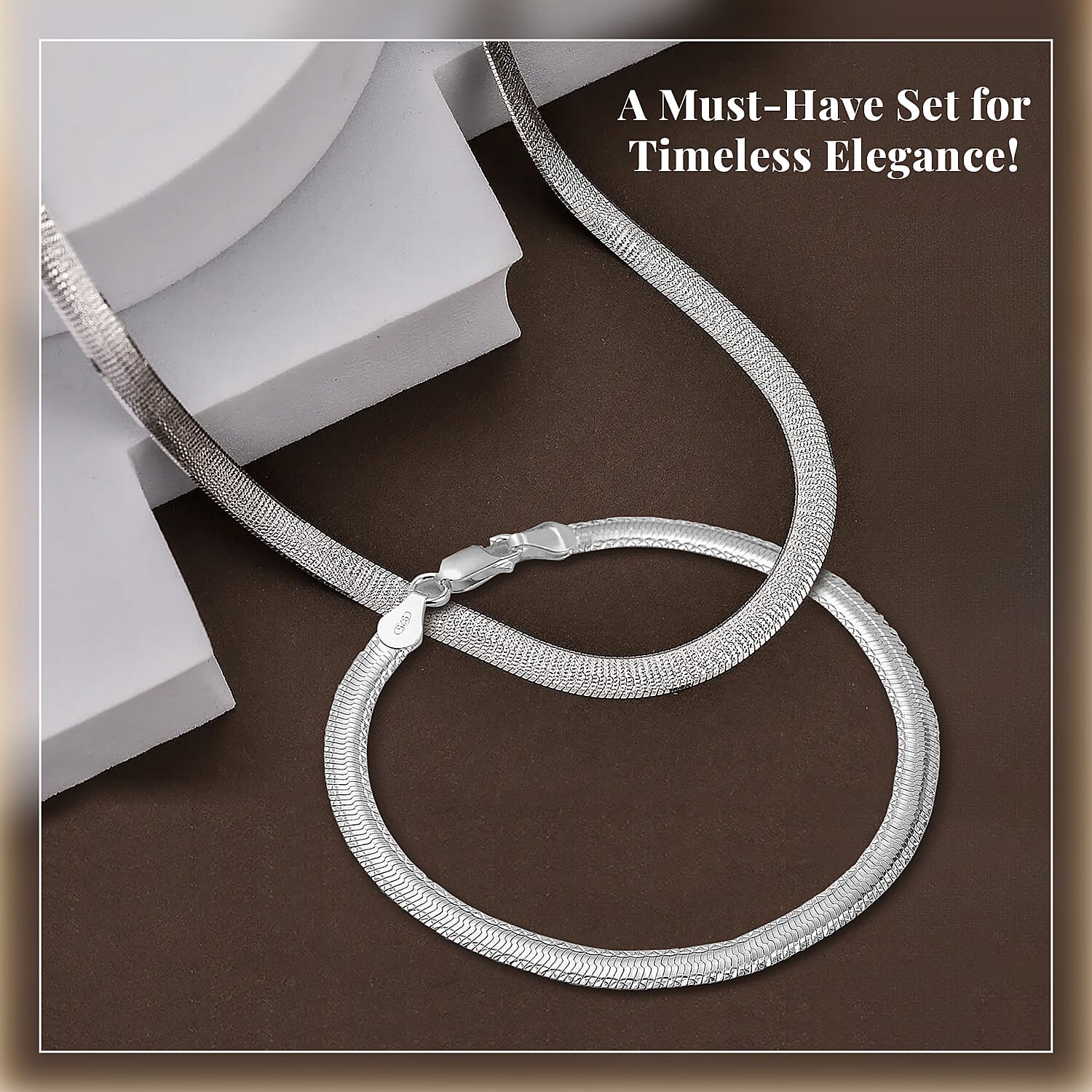 Italian Closeout Platinum Overlay Sterling Silver Herringbone Necklace (Size - 18), Silver Wt. 9.18 Gms and Bracelet (Size - 7.5)