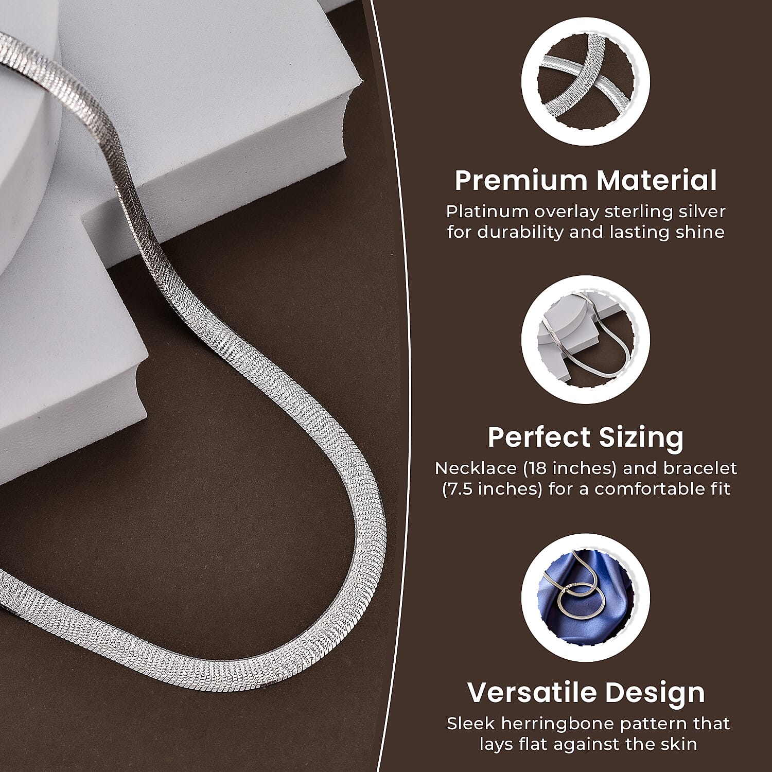 Italian Closeout Platinum Overlay Sterling Silver Herringbone Necklace (Size - 18), Silver Wt. 9.18 Gms and Bracelet (Size - 7.5)