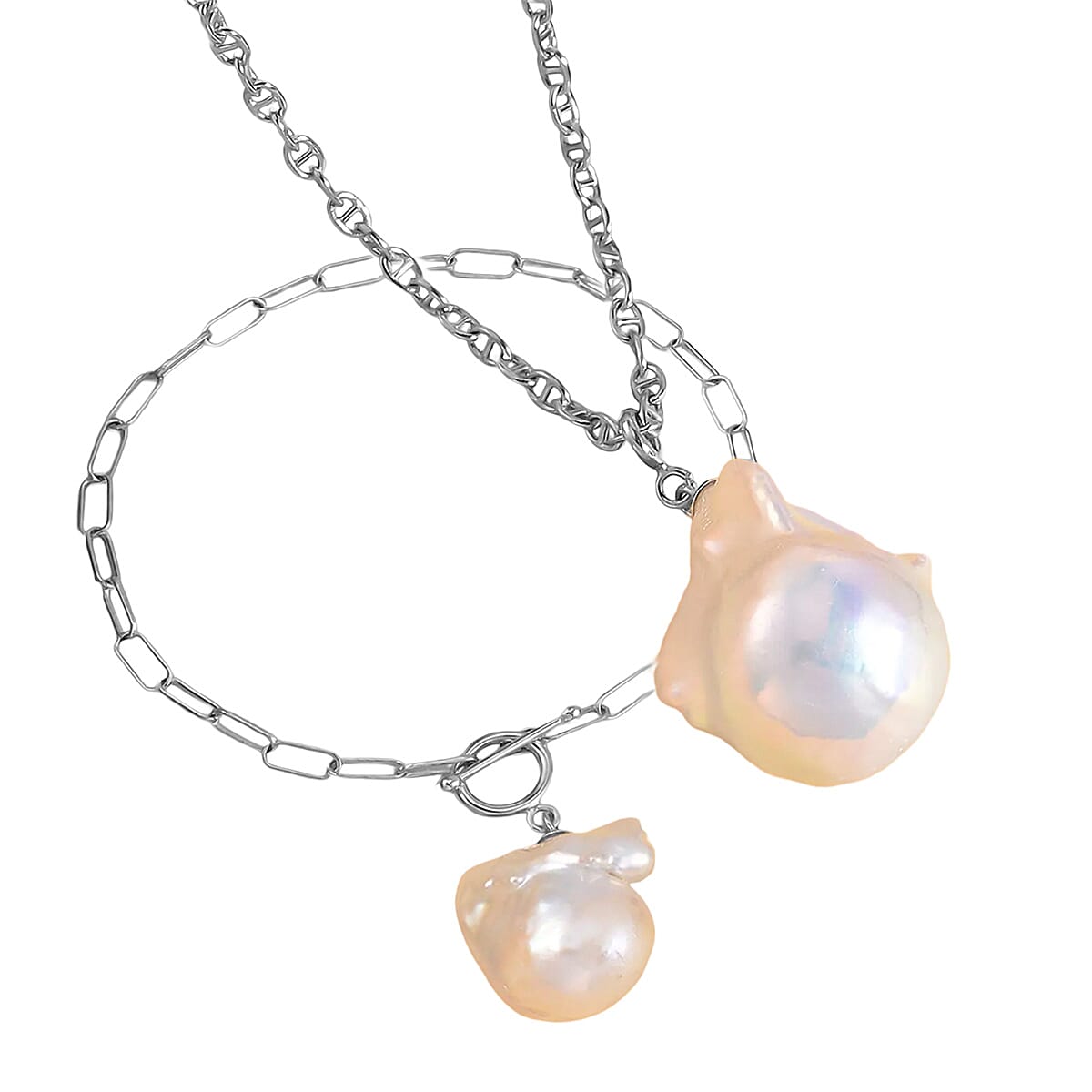 White Baroque Pearl Necklace in Platinum Overlay with Mariner Chain (Size - 20 ) and Limited Edition- AAA Baroque Pearl Bracelet (Size - 7) with T-Bar Clasp in Sterling Silver.