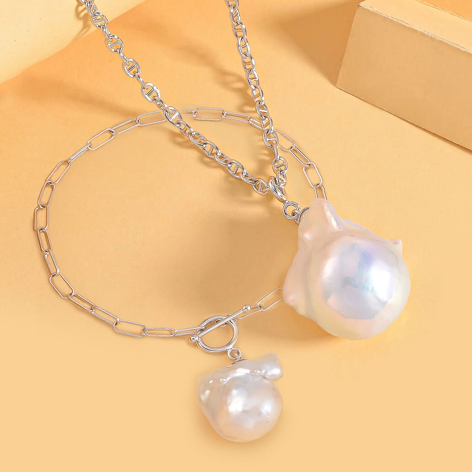 White Baroque Pearl Necklace in Platinum Overlay with Mariner Chain (Size - 20 ) and Limited Edition- AAA Baroque Pearl Bracelet (Size - 7) with T-Bar Clasp in Sterling Silver.