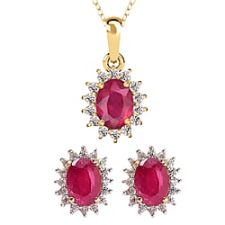 Red Garnet January Birthstone and Natural Zircon Pendant with Chain (Size - 20) and  Halo Stud Earrings in 18K Vermeil Yellow Gold Plated Sterling Silver