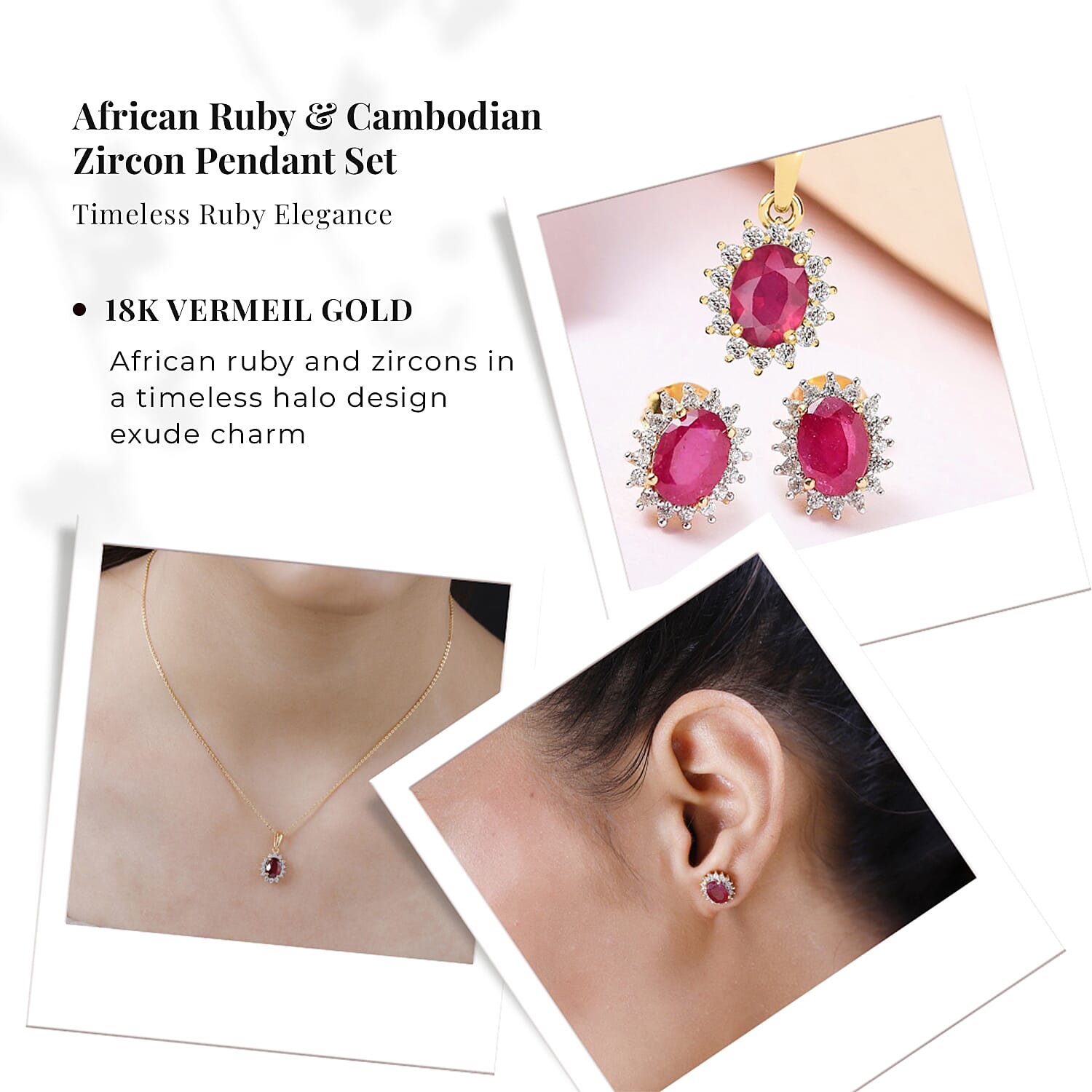 African Ruby (FF) and Natural Cambodian Zircon Pendant with Chain (Size - 20) 1.610 Ct. and Earrings 3.28 Ct. in 18K Vermeil Yellow Gold Plated Sterling Silver