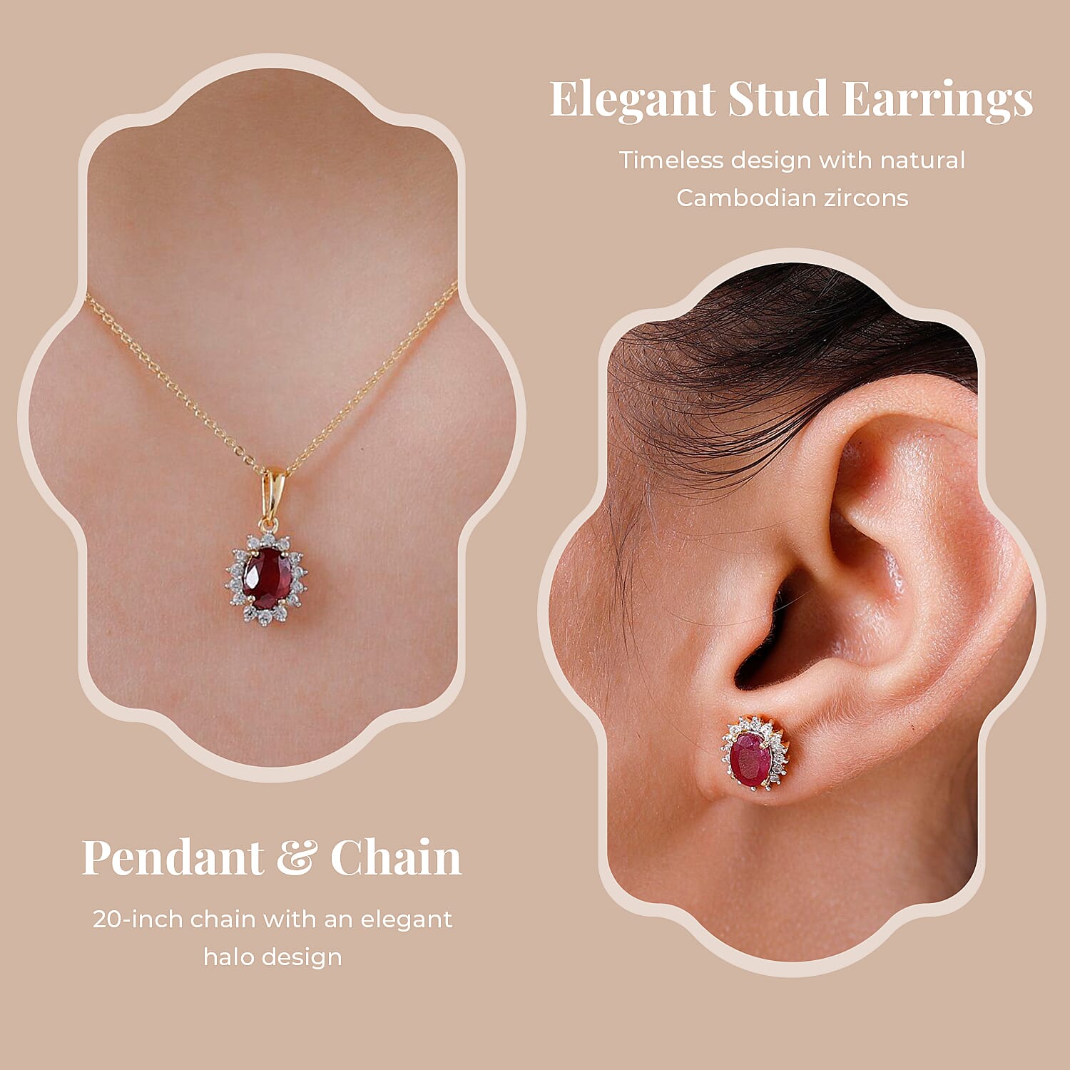 African Ruby (FF) and Natural Cambodian Zircon Pendant with Chain (Size - 20) 1.610 Ct. and Earrings 3.28 Ct. in 18K Vermeil Yellow Gold Plated Sterling Silver