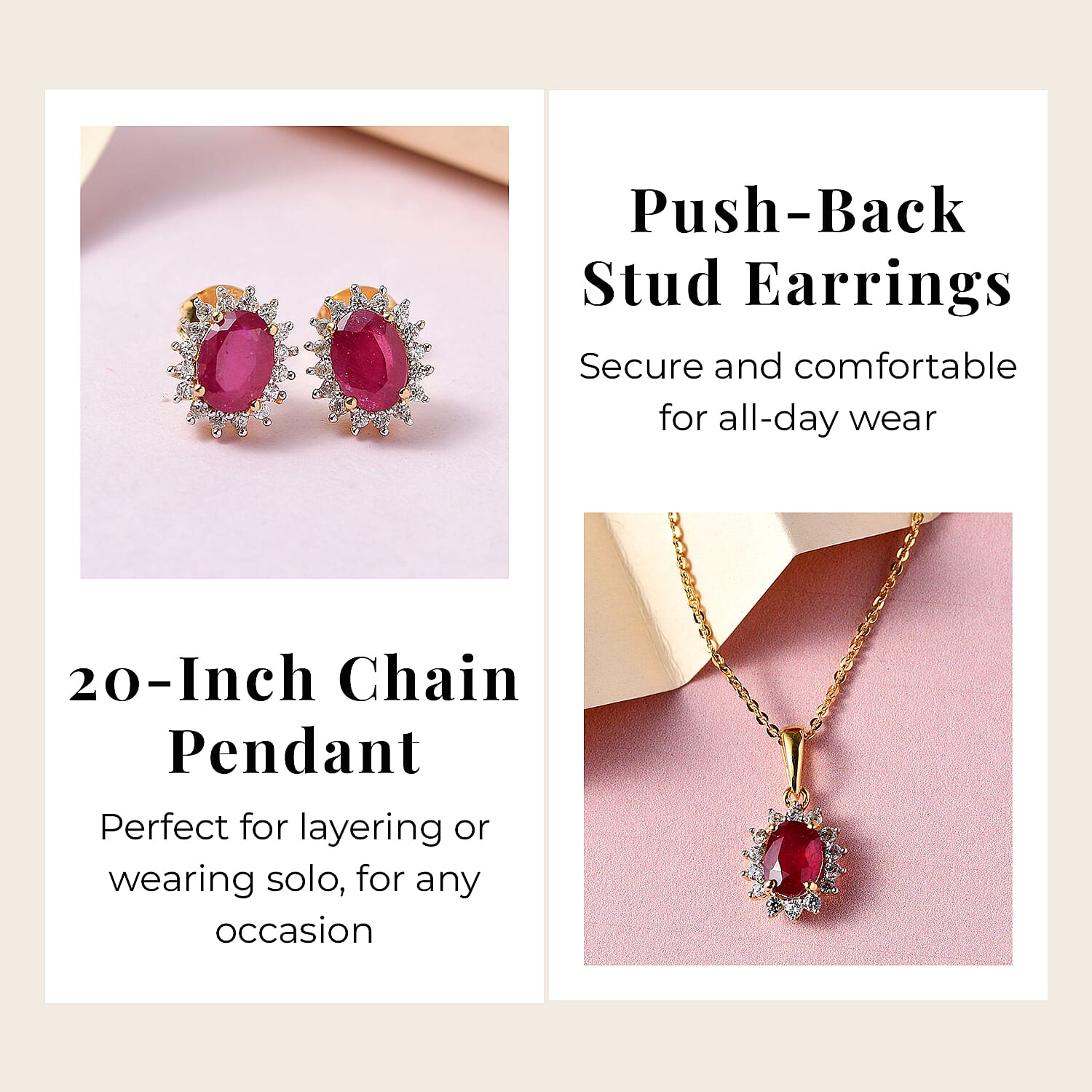 African Ruby (FF) and Natural Cambodian Zircon Pendant with Chain (Size - 20) 1.610 Ct. and Earrings 3.28 Ct. in 18K Vermeil Yellow Gold Plated Sterling Silver