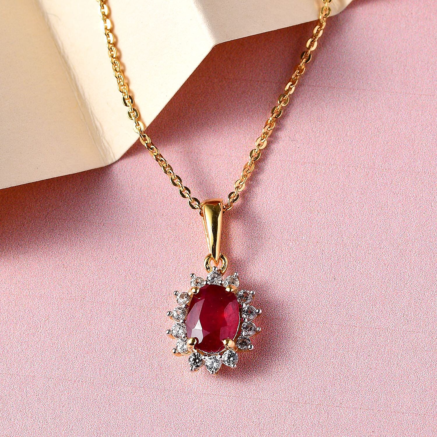 African Ruby (FF) and Natural Cambodian Zircon Pendant with Chain (Size - 20) 1.610 Ct. and Earrings 3.28 Ct. in 18K Vermeil Yellow Gold Plated Sterling Silver