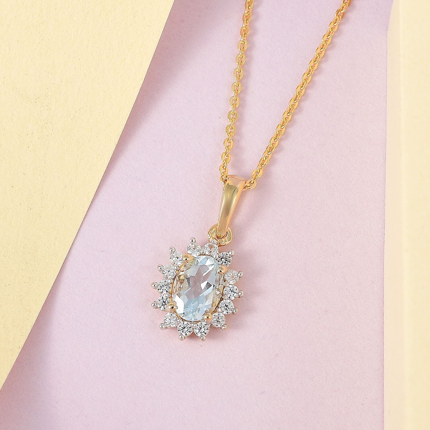 Aquamarine and Natural Zircon Halo Pendant with Chain (size 20) 1.12 Ct. and Earrings 1.60 Ct. in 18K Vermeil Yellow Gold Plated Sterling Silver Aquamarine and Natural Zircon Halo Pendant with Chain (size 20) 1.12 Ct. and Earrings 1.60 Ct. in 18K Vermeil Yellow Gold Plated Sterling Silver