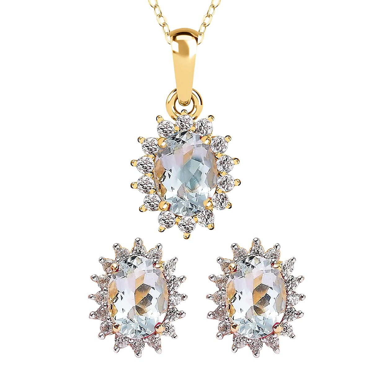 Aquamarine and Natural Zircon Halo Pendant with Chain (size 20) 1.12 Ct. and Earrings 1.60 Ct. in 18K Vermeil Yellow Gold Plated Sterling Silver