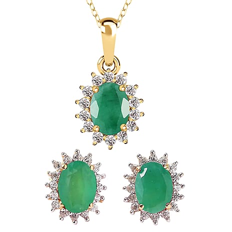 Emerald and Natural Zircon Halo Pendant with Chain (Size 20) 1.03 Ct and Earrings 2.44 Ct in 18K Yellow Gold Vermeil Plated Sterling Silver