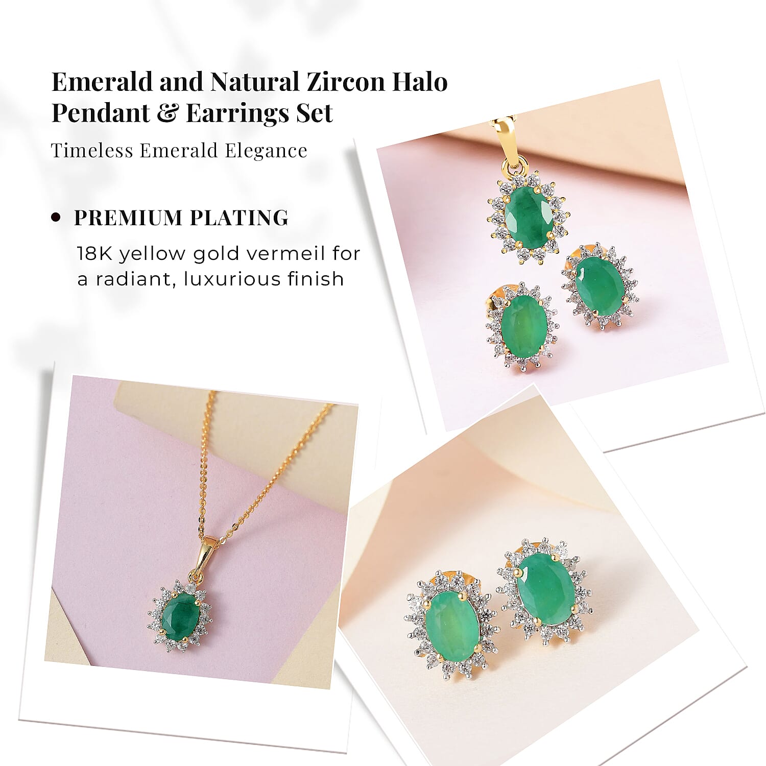 Emerald and Natural Zircon Halo Pendant with Chain (Size 20) 1.03 Ct and Earrings 2.44 Ct in 18K Yellow Gold Vermeil Plated Sterling Silver