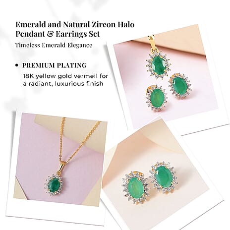 Emerald and Natural Zircon Halo Pendant with Chain (Size 20) 1.03 Ct and Earrings 2.44 Ct in 18K Yellow Gold Vermeil Plated Sterling Silver