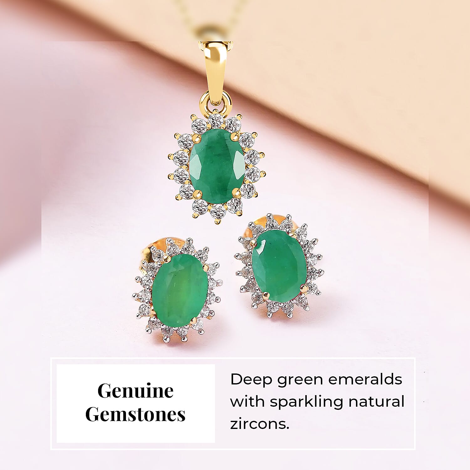 Emerald and Natural Zircon Halo Pendant with Chain (Size 20) 1.03 Ct and Earrings 2.44 Ct in 18K Yellow Gold Vermeil Plated Sterling Silver