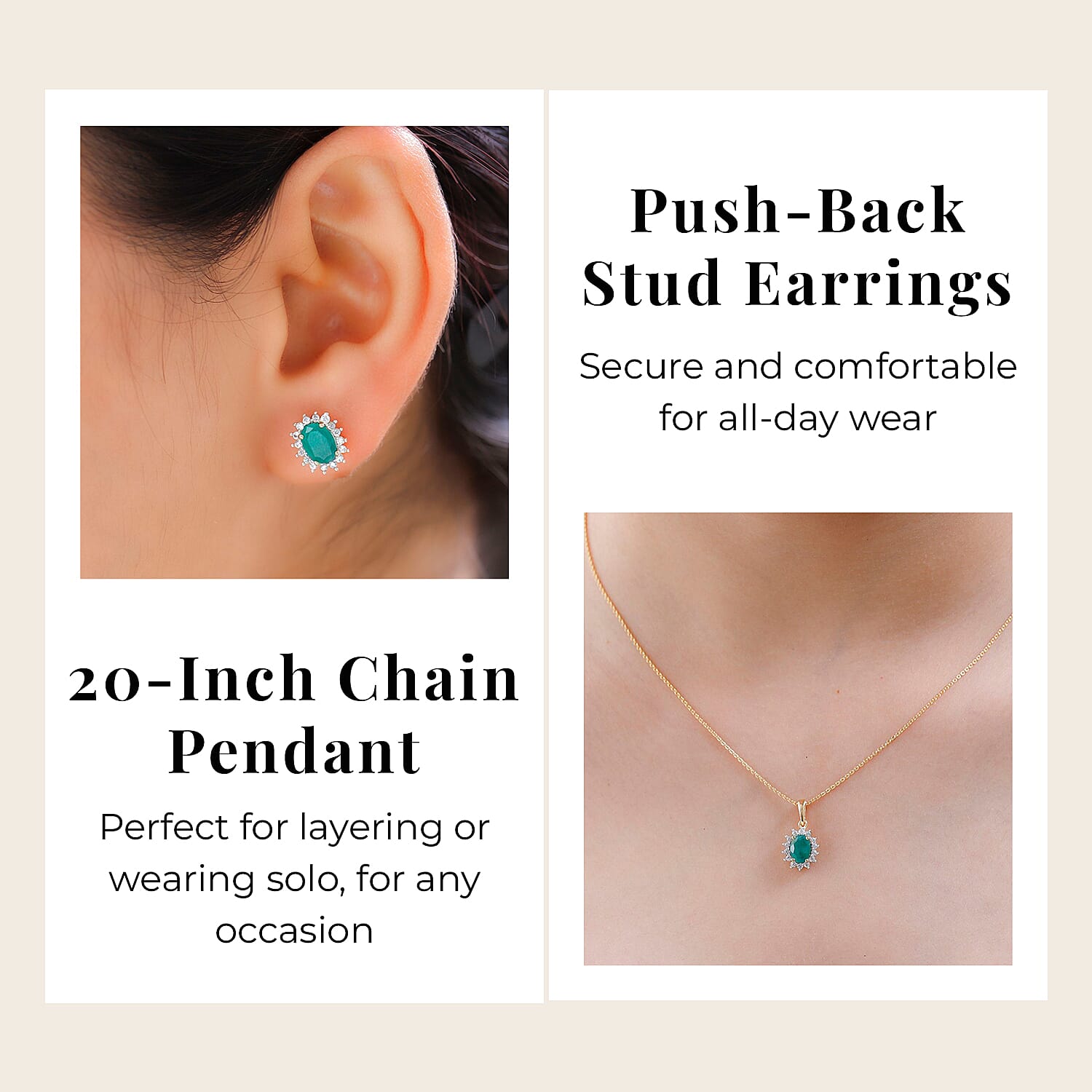 Emerald and Natural Zircon Halo Pendant with Chain (Size 20) 1.03 Ct and Earrings 2.44 Ct in 18K Yellow Gold Vermeil Plated Sterling Silver