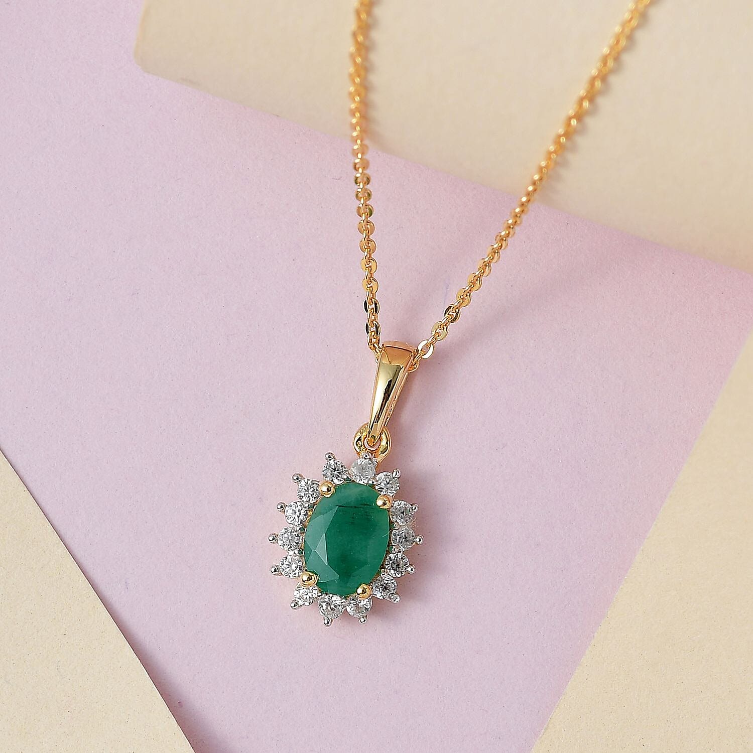 Emerald and Natural Zircon Halo Pendant with Chain (Size 20) 1.03 Ct and Earrings 2.44 Ct in 18K Yellow Gold Vermeil Plated Sterling Silver