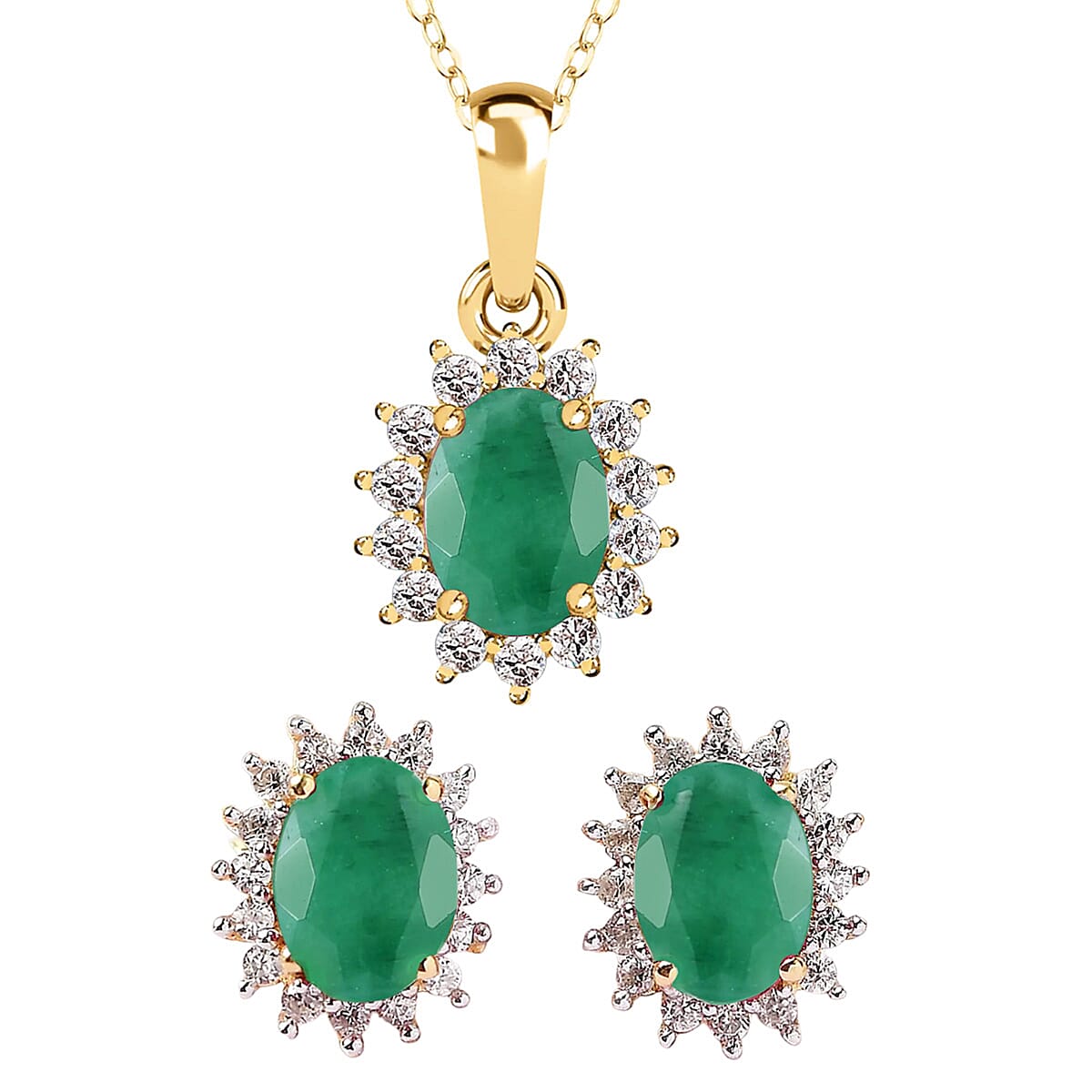 Emerald and Natural Zircon Halo Pendant with Chain (Size 20) 1.03 Ct and Earrings 2.44 Ct in 18K Yellow Gold Vermeil Plated Sterling Silver