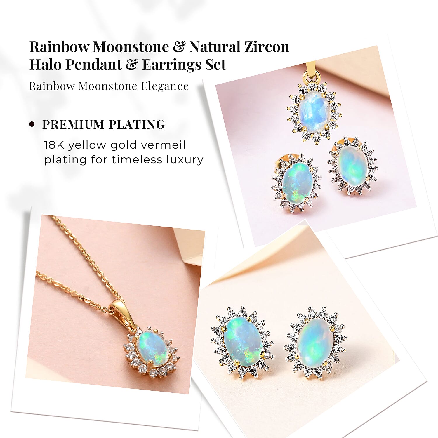 Rainbow Moonstone and Natural Zircon Halo Pendant with Chain (Size - 20) and Earrings 2.40 Ct. in 18K Vermeil Yellow Gold Plated Sterling Silver