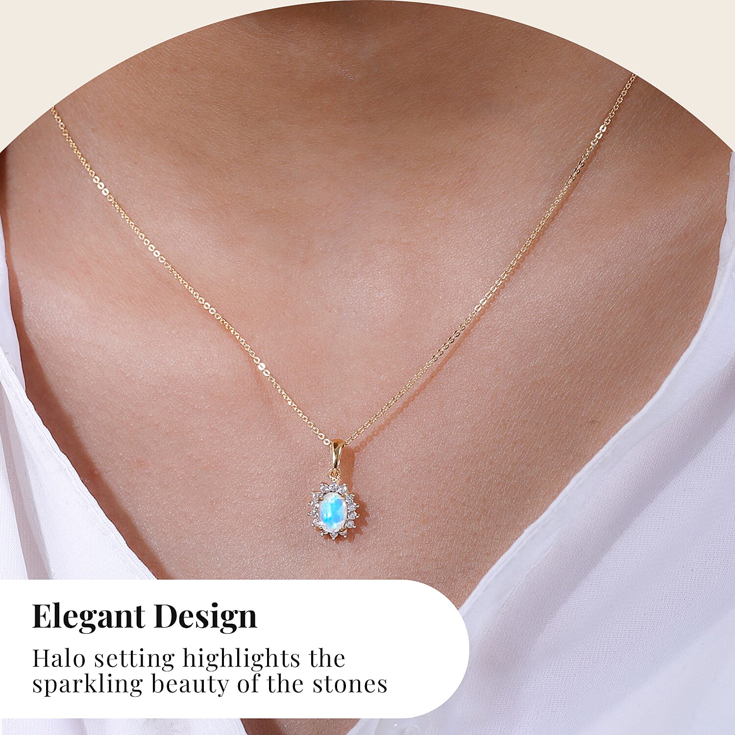 Rainbow Moonstone and Natural Zircon Halo Pendant with Chain (Size - 20) and Earrings 2.40 Ct. in 18K Vermeil Yellow Gold Plated Sterling Silver