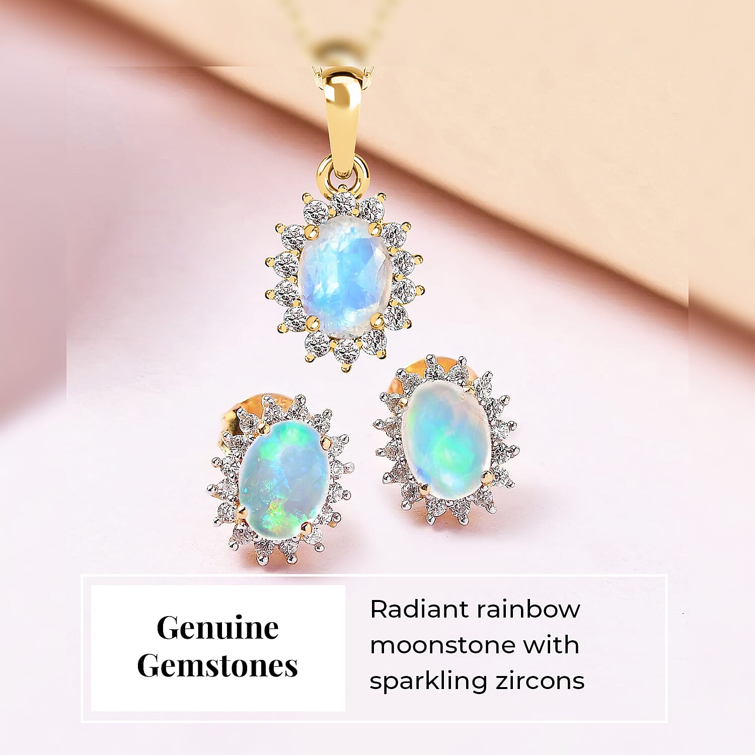 Rainbow Moonstone and Natural Zircon Halo Pendant with Chain (Size - 20) and Earrings 2.40 Ct. in 18K Vermeil Yellow Gold Plated Sterling Silver