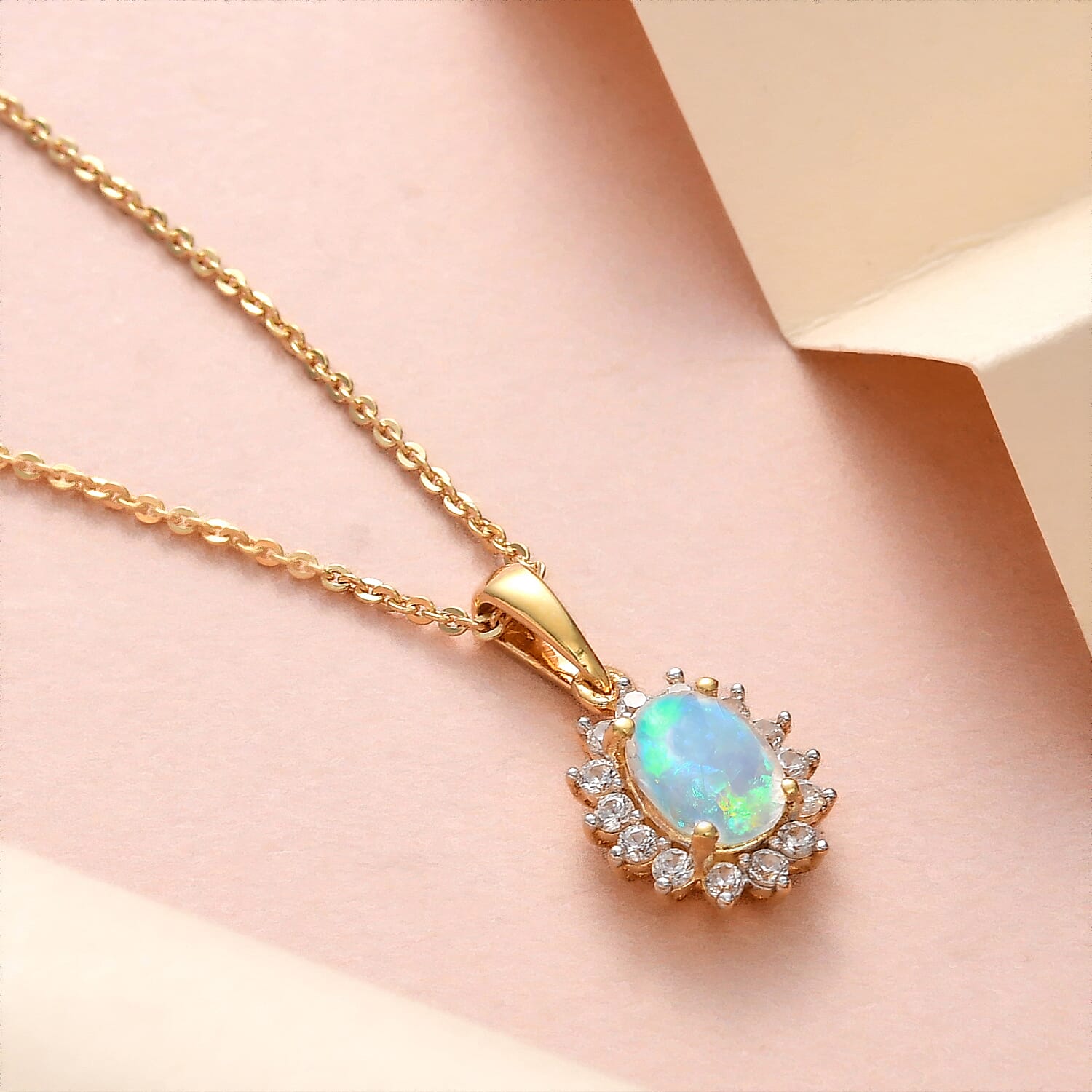 Rainbow Moonstone and Natural Zircon Halo Pendant with Chain (Size - 20) and Earrings 2.40 Ct. in 18K Vermeil Yellow Gold Plated Sterling Silver