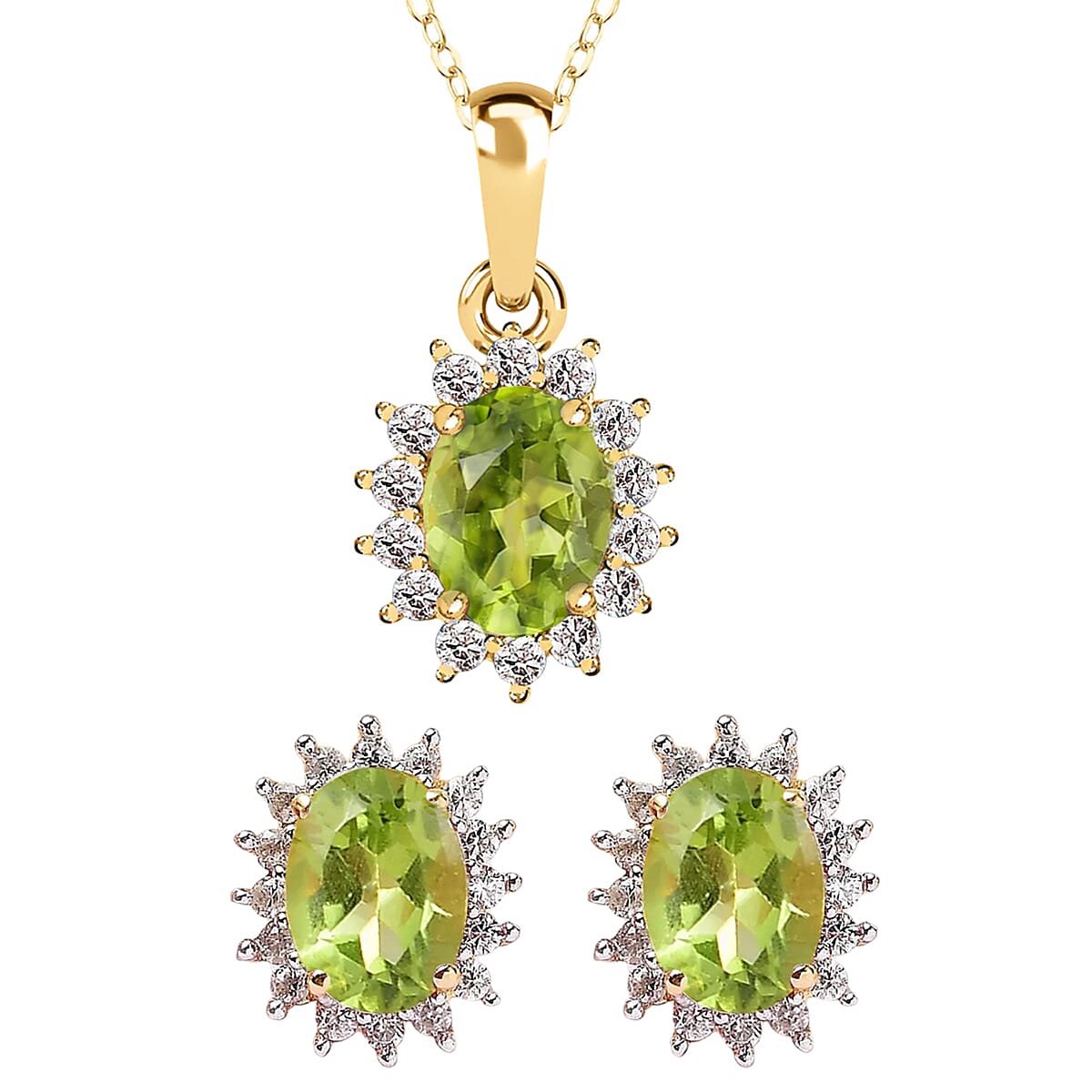 Hebei Peridot and Natural Cambodian Zircon Pendant with Chain(Size-20 inch with Lobster Clasp) 1.20 Ct. and Earrings 2.01 Ct. in 18K Vermeil Yellow Gold Plated Sterling Silver