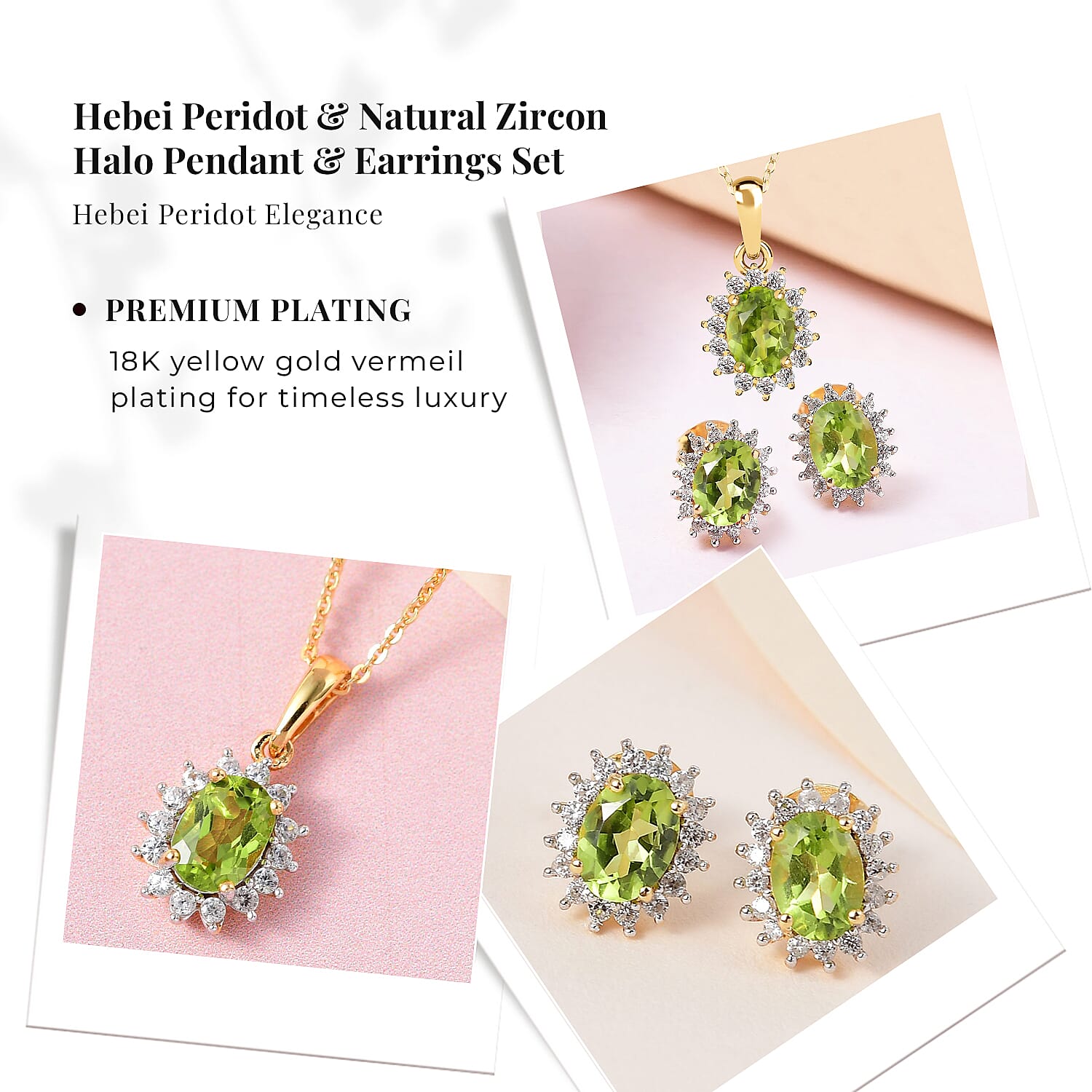 Hebei Peridot and Natural Cambodian Zircon Pendant with Chain(Size-20 inch with Lobster Clasp) 1.20 Ct. and Earrings 2.01 Ct. in 18K Vermeil Yellow Gold Plated Sterling Silver