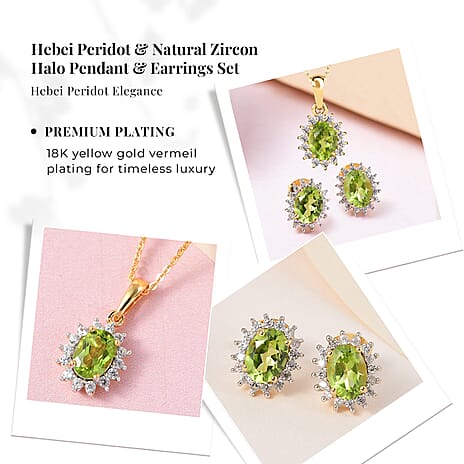 Hebei Peridot and Natural Cambodian Zircon Pendant with Chain(Size-20 inch with Lobster Clasp) 1.20 Ct. and Earrings 2.01 Ct. in 18K Vermeil Yellow Gold Plated Sterling Silver