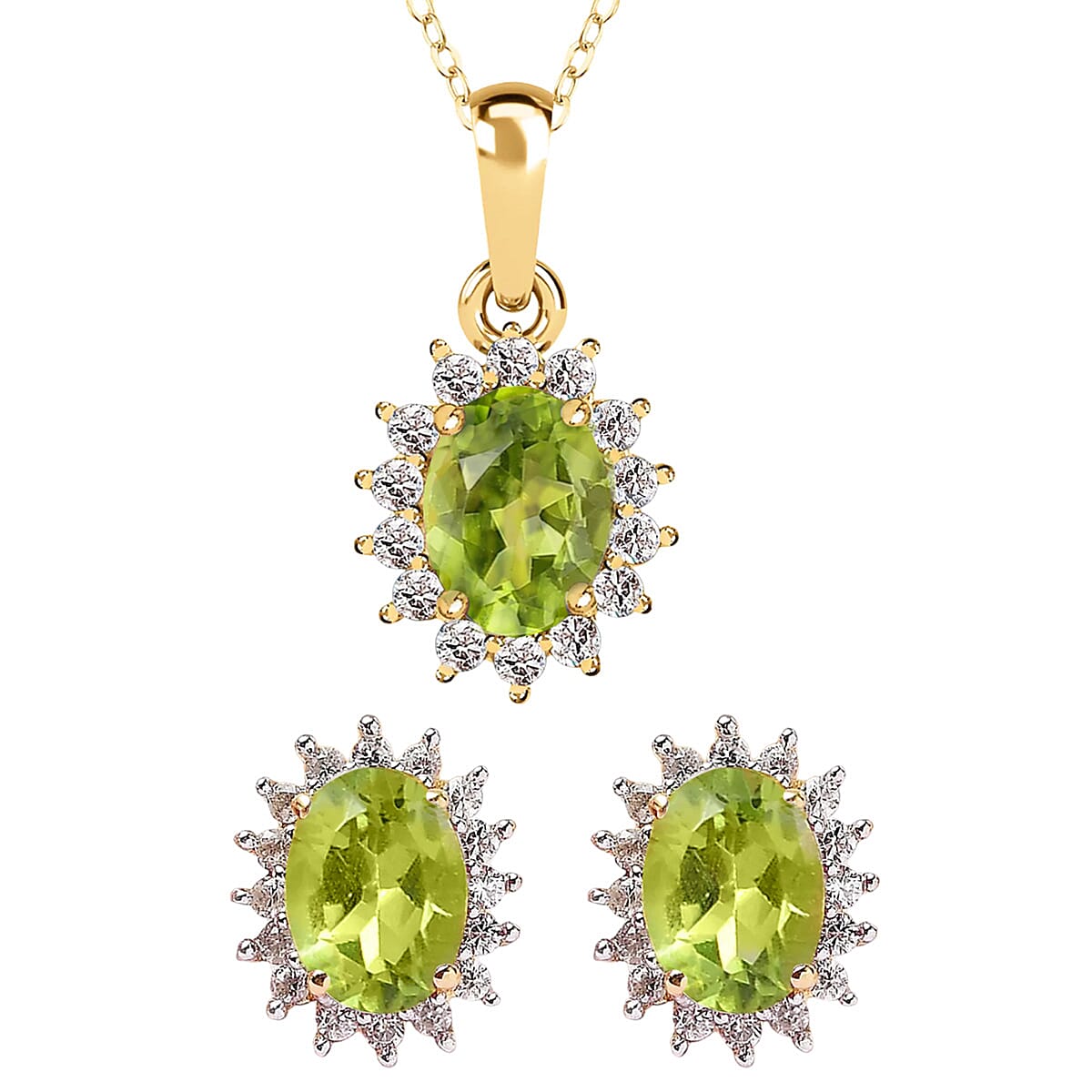 Hebei Peridot and Natural Cambodian Zircon Pendant with Chain(Size-20 inch with Lobster Clasp) 1.20 Ct. and Earrings 2.01 Ct. in 18K Vermeil Yellow Gold Plated Sterling Silver