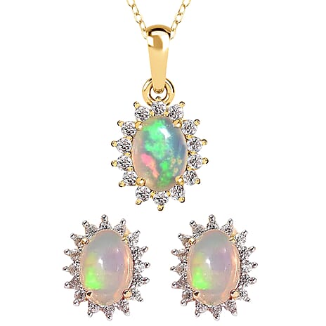 Ethiopian Welo Opal and Natural Zircon Pendant with Chain (Size-20) and Earrings 2.01 Ct in 18K Vermeil Yellow Gold Plated Sterling Silver