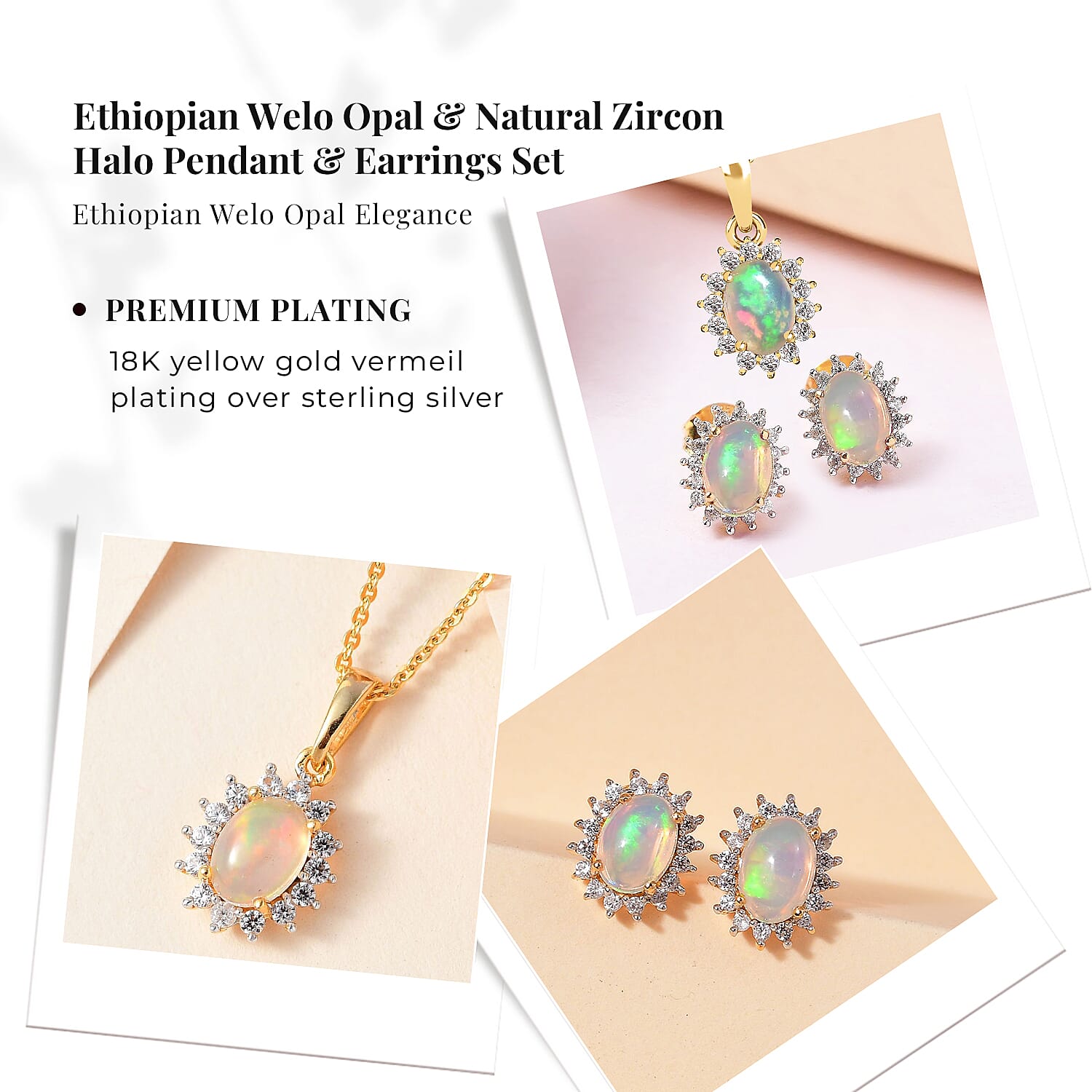 Ethiopian Welo Opal and Natural Zircon Pendant with Chain (Size-20) and Earrings 2.01 Ct in 18K Vermeil Yellow Gold Plated Sterling Silver