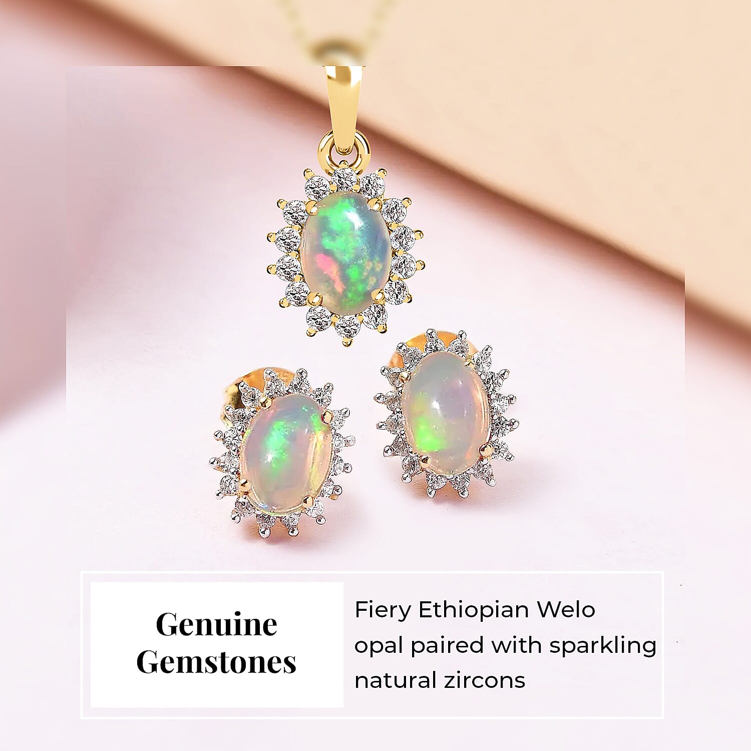 Ethiopian Welo Opal and Natural Zircon Pendant with Chain (Size-20) and Earrings 2.01 Ct in 18K Vermeil Yellow Gold Plated Sterling Silver