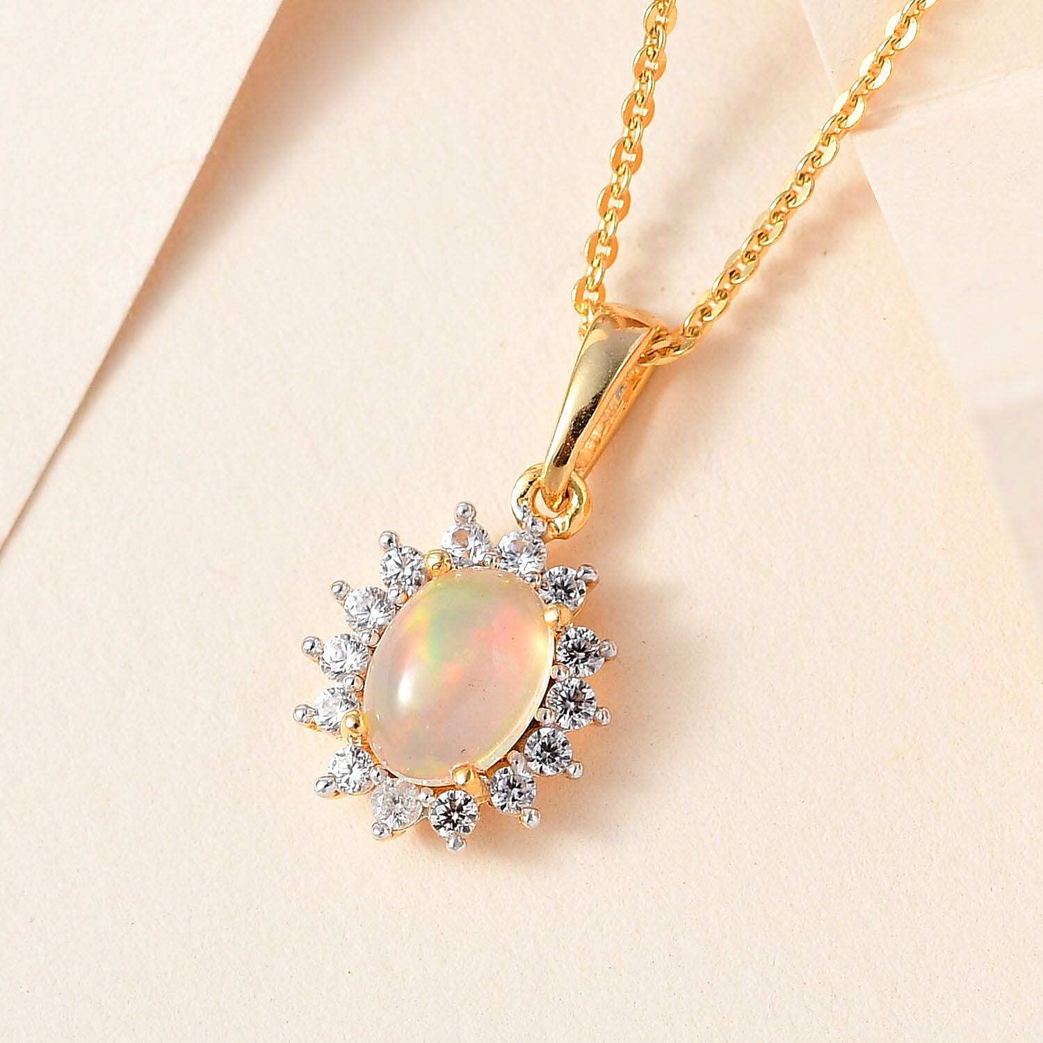Ethiopian Welo Opal and Natural Zircon Pendant with Chain (Size-20) and Earrings 2.01 Ct in 18K Vermeil Yellow Gold Plated Sterling Silver