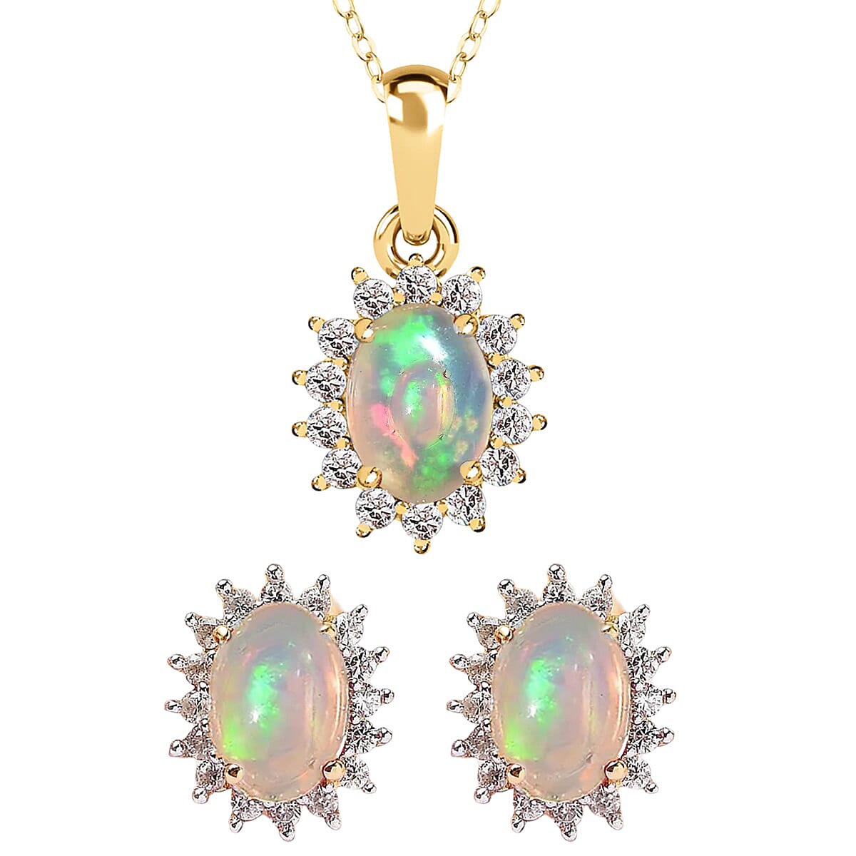 Ethiopian Welo Opal and Natural Zircon Pendant with Chain (Size-20) and Earrings 2.01 Ct in 18K Vermeil Yellow Gold Plated Sterling Silver
