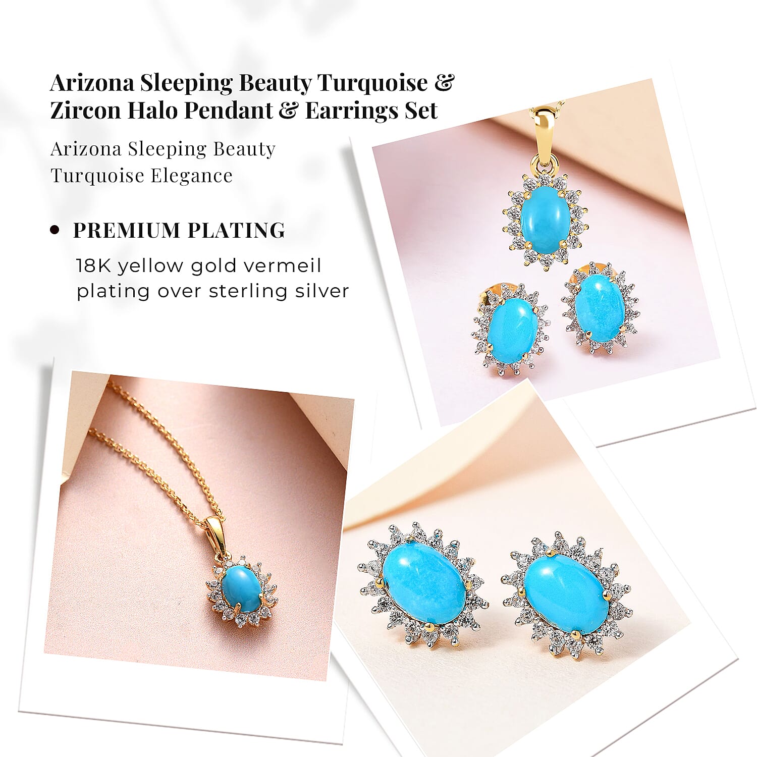 Arizona Sleeping Beauty Turquoise and Natural Cambodian Zircon Pendant with Chain (Size - 20) 0.99 Ct. and Earrings 2.386 Ct. in 18K Vermeil Yellow Gold Plated Sterling Silver