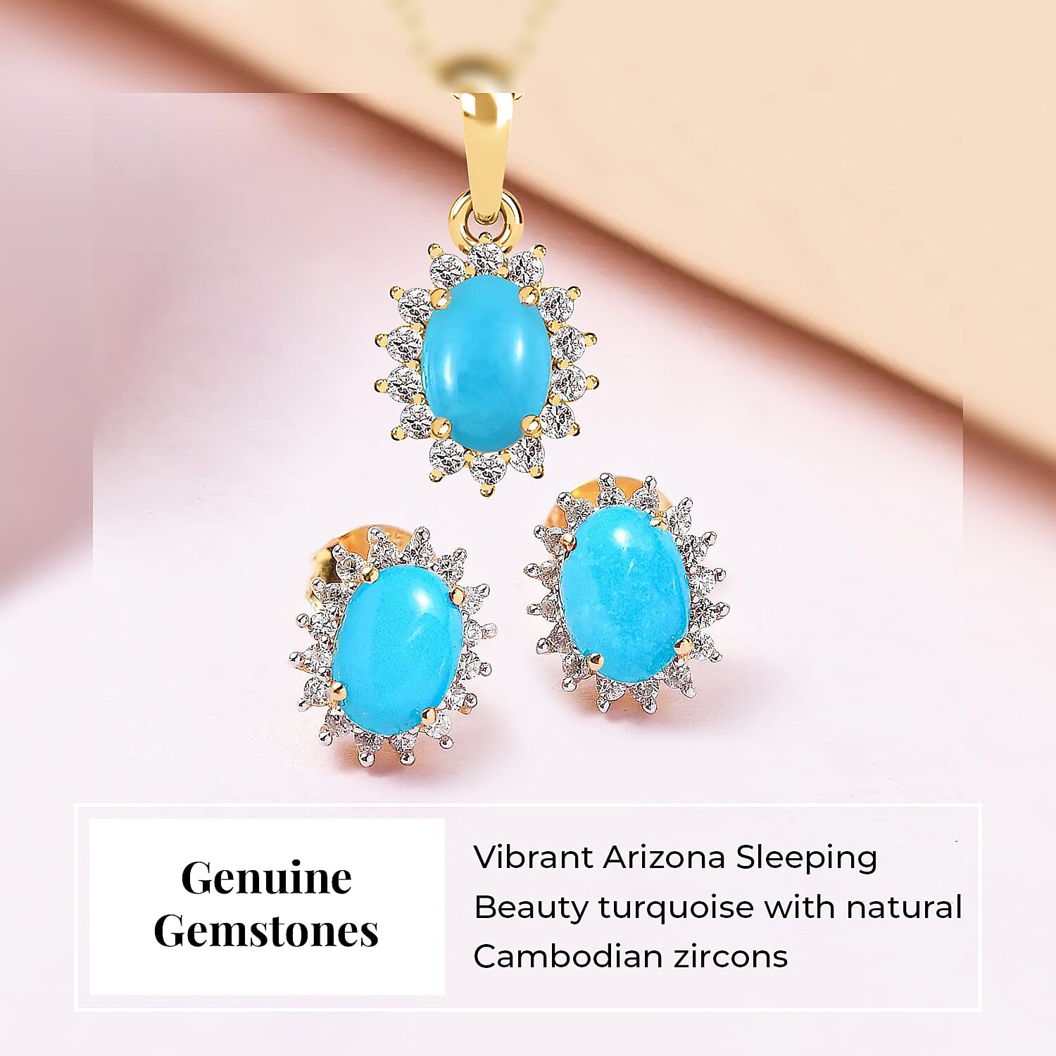 Arizona Sleeping Beauty Turquoise and Natural Cambodian Zircon Pendant with Chain (Size - 20) 0.99 Ct. and Earrings 2.386 Ct. in 18K Vermeil Yellow Gold Plated Sterling Silver