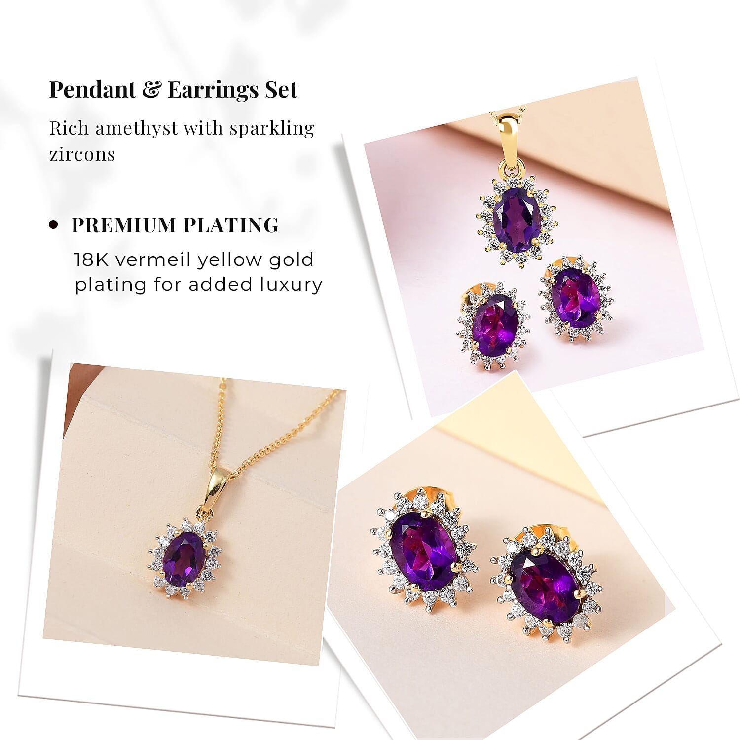 Amethyst and Natural Zircon Halo Pendant with Chain (Size-20) 1.10 Ct. and Earrings 1.82 Ct. in 18K Vermeil Yellow Gold Plated Sterling Silver