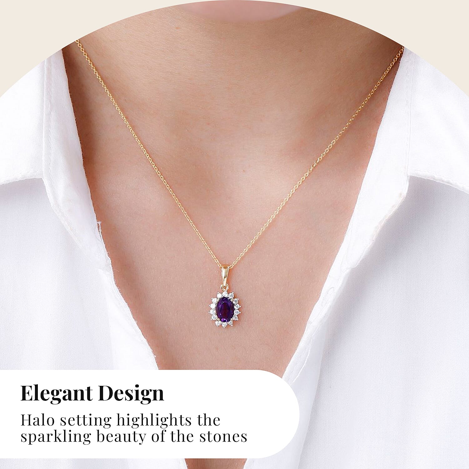 Amethyst and Natural Zircon Halo Pendant with Chain (Size-20) 1.10 Ct. and Earrings 1.82 Ct. in 18K Vermeil Yellow Gold Plated Sterling Silver