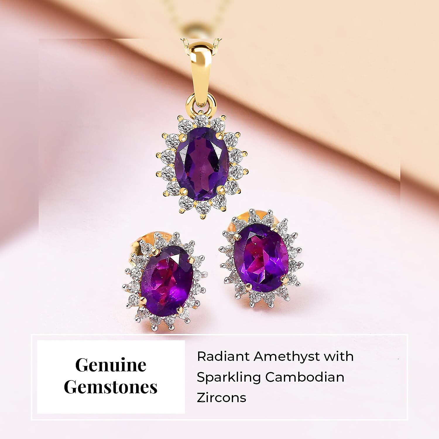Amethyst and Natural Zircon Halo Pendant with Chain (Size-20) 1.10 Ct. and Earrings 1.82 Ct. in 18K Vermeil Yellow Gold Plated Sterling Silver
