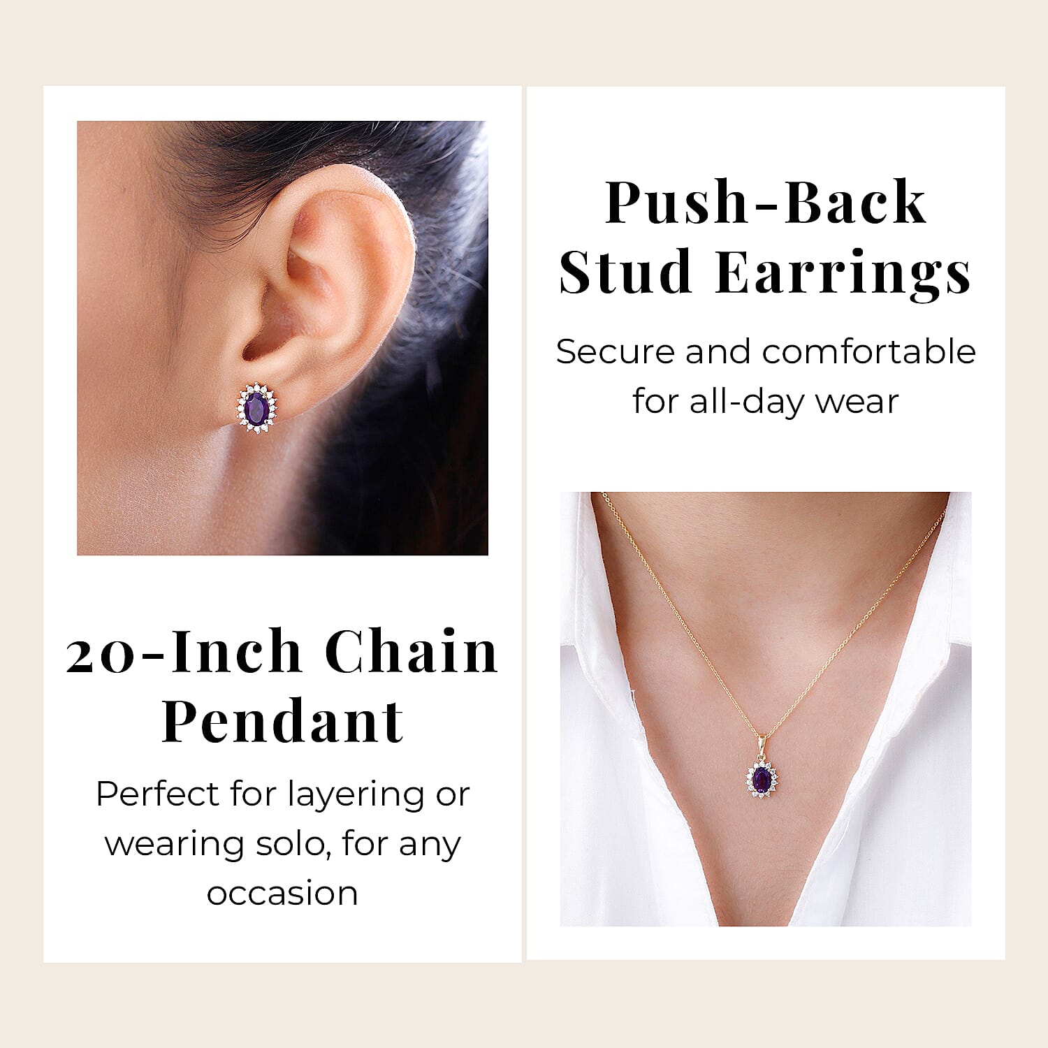 Amethyst and Natural Zircon Halo Pendant with Chain (Size-20) 1.10 Ct. and Earrings 1.82 Ct. in 18K Vermeil Yellow Gold Plated Sterling Silver