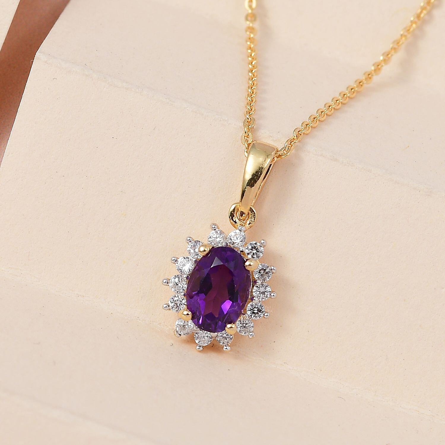 Amethyst and Natural Zircon Halo Pendant with Chain (Size-20) 1.10 Ct. and Earrings 1.82 Ct. in 18K Vermeil Yellow Gold Plated Sterling Silver