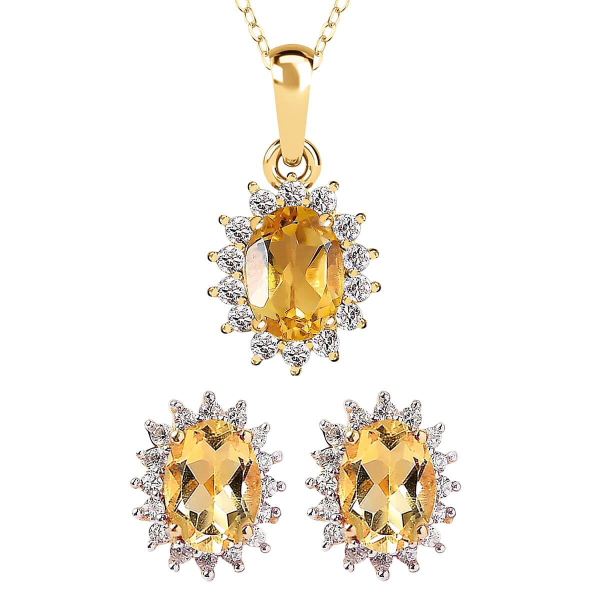 Citrine with White Zircon Pendant with Chain (Size 20) 1.170 Ct. and Earrings 1.73 Ct. in 18k Vermeil Yellow Gold Sterling Silver