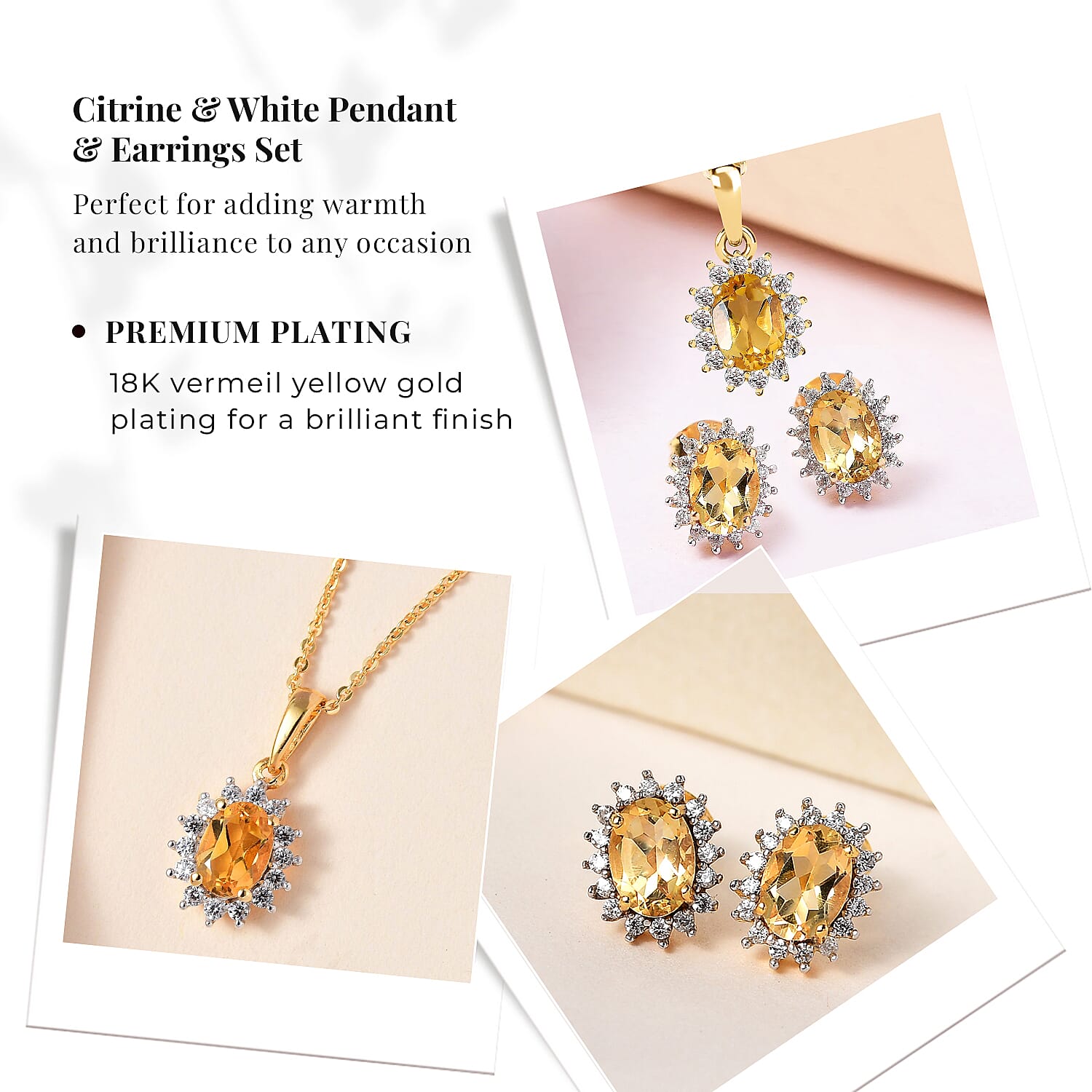 Citrine with White Zircon Pendant with Chain (Size 20) 1.170 Ct. and Earrings 1.73 Ct. in 18k Vermeil Yellow Gold Sterling Silver