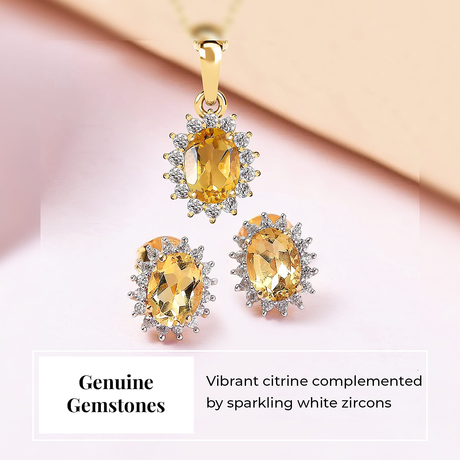 Citrine with White Zircon Pendant with Chain (Size 20) 1.170 Ct. and Earrings 1.73 Ct. in 18k Vermeil Yellow Gold Sterling Silver