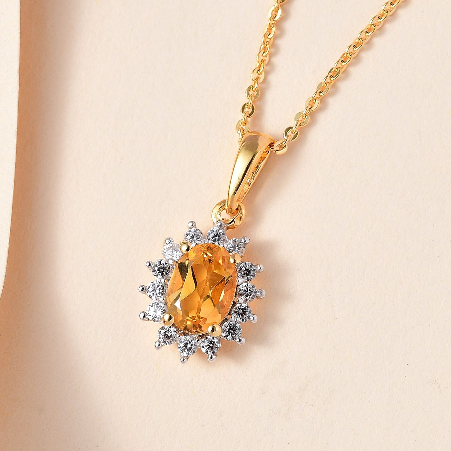 Citrine with White Zircon Pendant with Chain (Size 20) 1.170 Ct. and Earrings 1.73 Ct. in 18k Vermeil Yellow Gold Sterling Silver