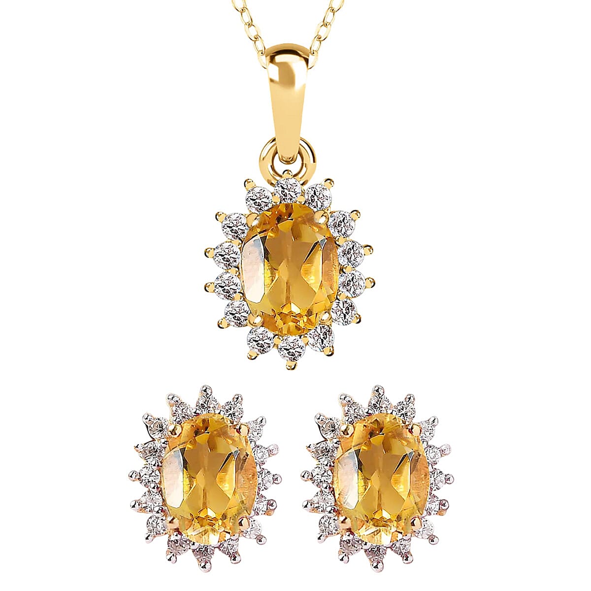 Citrine with White Zircon Pendant with Chain (Size 20) 1.170 Ct. and Earrings 1.73 Ct. in 18k Vermeil Yellow Gold Sterling Silver