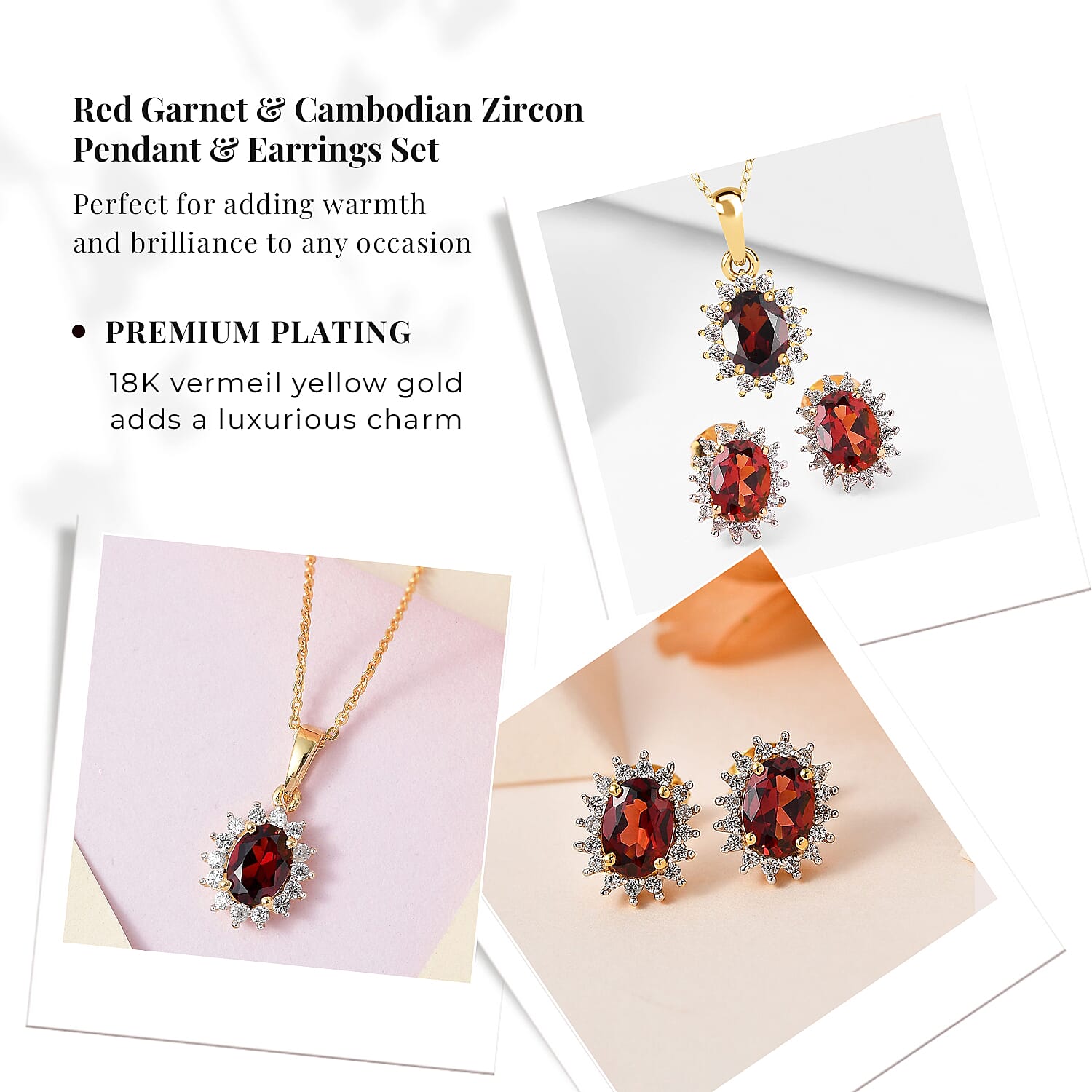 Red Garnet and Natural Cambodian Zircon Pendant with Chain (Size - 20) 1.370 Ct and Natural Zircon and Mozambique Garnet Halo Stud Earrings 2.10 Ct. in 18K Vermeil Yellow Gold Plated Sterling Silver