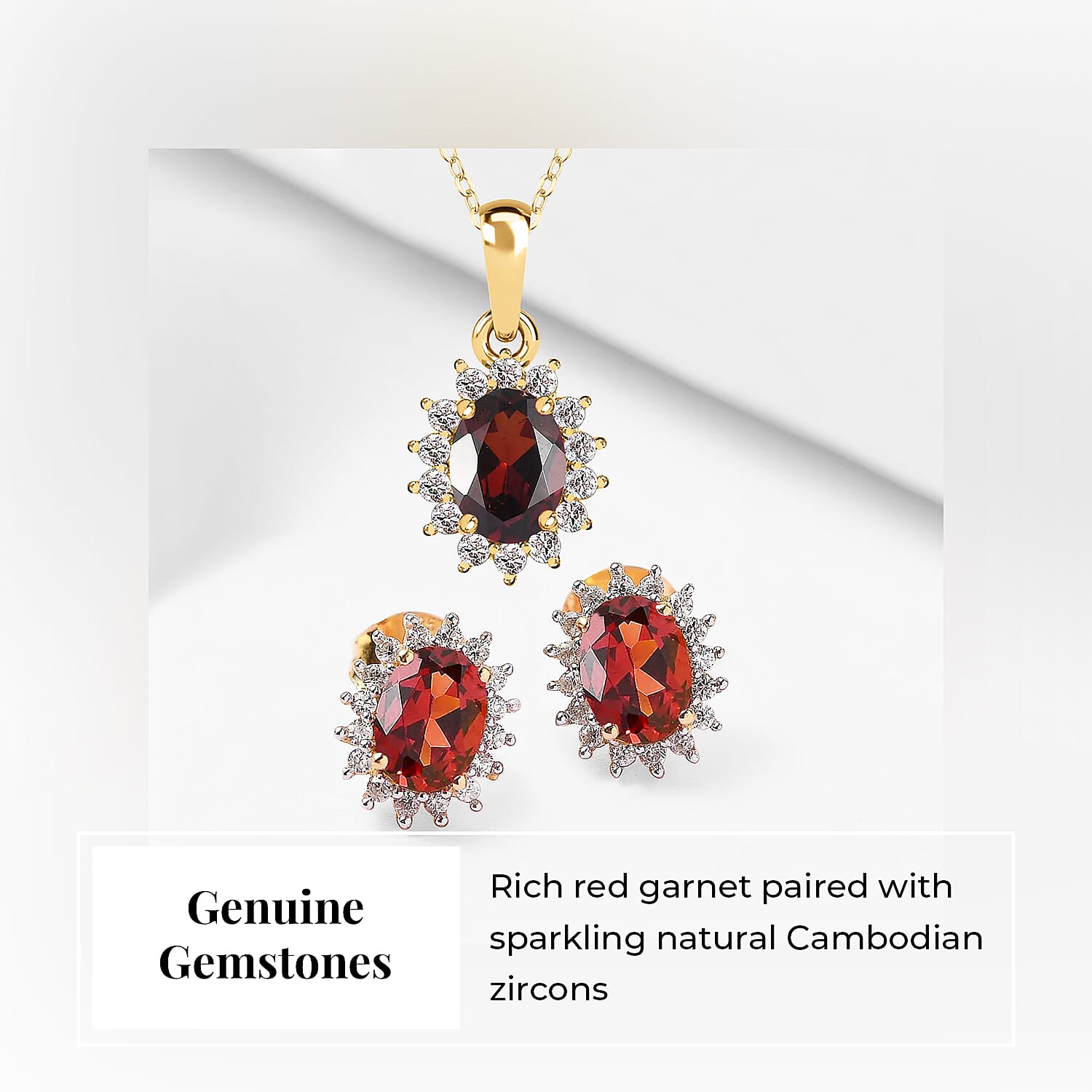 Red Garnet and Natural Cambodian Zircon Pendant with Chain (Size - 20) 1.370 Ct and Natural Zircon and Mozambique Garnet Halo Stud Earrings 2.10 Ct. in 18K Vermeil Yellow Gold Plated Sterling Silver