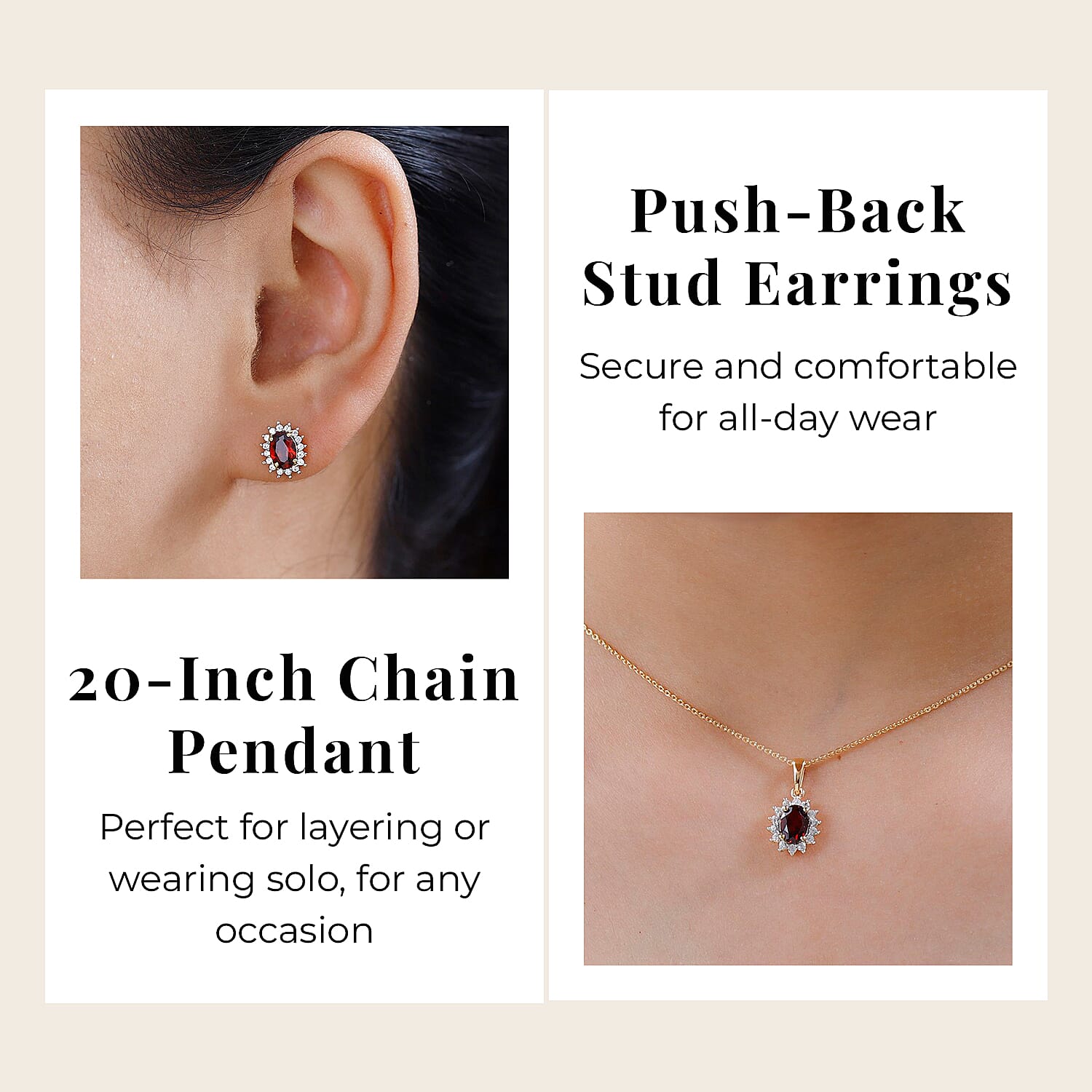 Red Garnet and Natural Cambodian Zircon Pendant with Chain (Size - 20) 1.370 Ct and Natural Zircon and Mozambique Garnet Halo Stud Earrings 2.10 Ct. in 18K Vermeil Yellow Gold Plated Sterling Silver