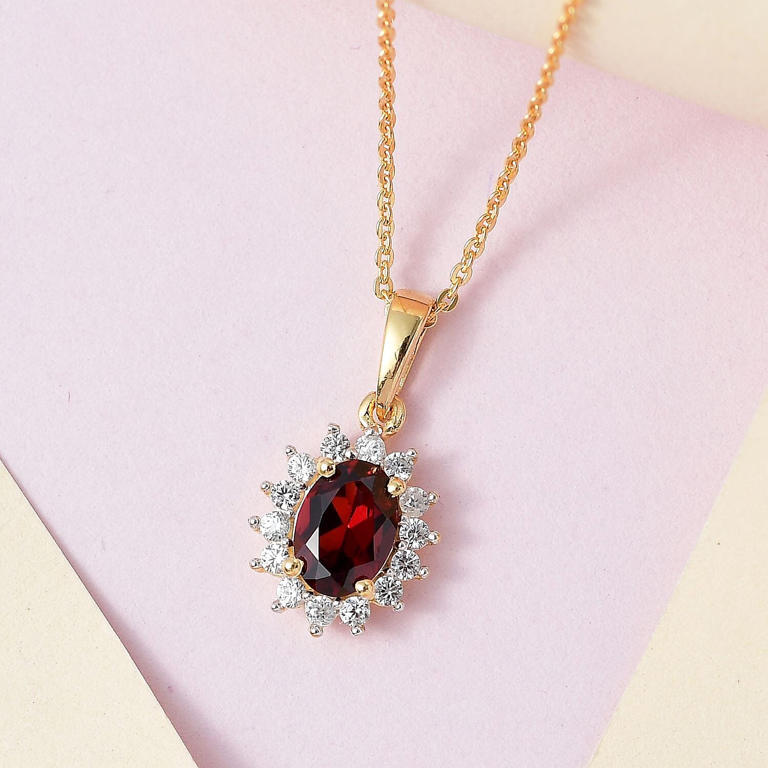 Red Garnet and Natural Cambodian Zircon Pendant with Chain (Size - 20) 1.370 Ct and Natural Zircon and Mozambique Garnet Halo Stud Earrings 2.10 Ct. in 18K Vermeil Yellow Gold Plated Sterling Silver