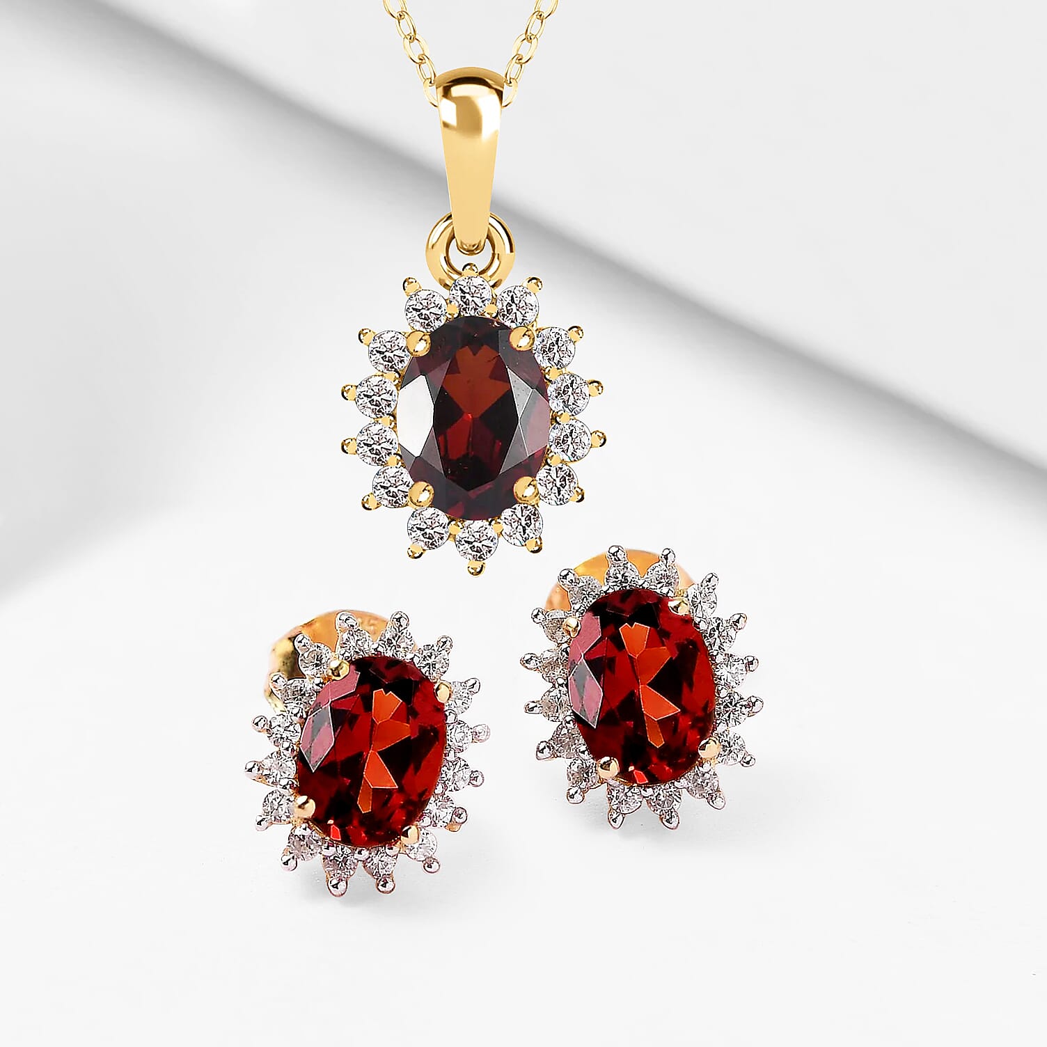 Red Garnet and Natural Cambodian Zircon Pendant with Chain (Size - 20) 1.370 Ct and Natural Zircon and Mozambique Garnet Halo Stud Earrings 2.10 Ct. in 18K Vermeil Yellow Gold Plated Sterling Silver