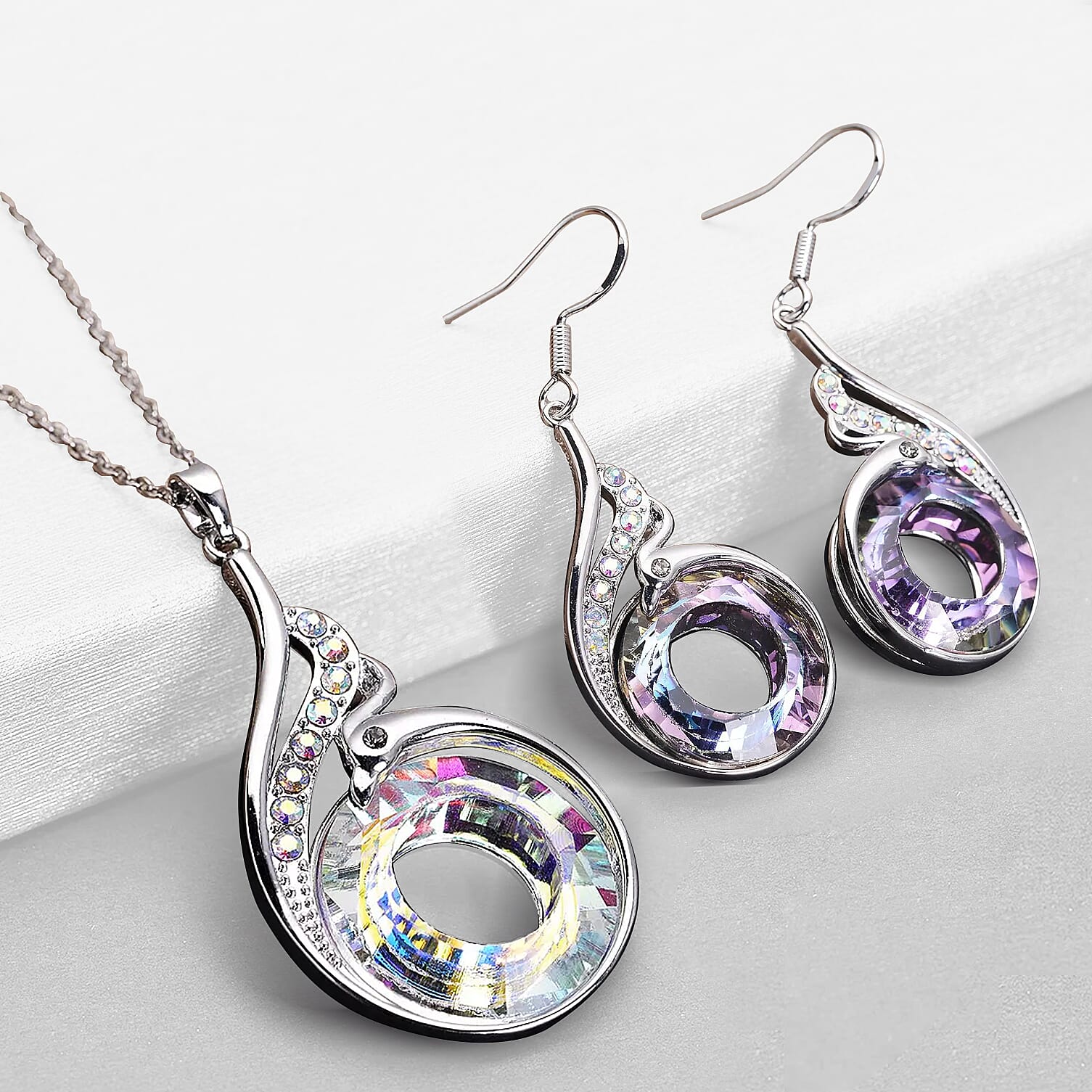 Simulated Mercury Mystic Topaz, AB Crystal & Grey Austrian Crystal Pendant with Chain (Size 20-2 Inch Ext) and Fish Hook Earrings in Silver Tone