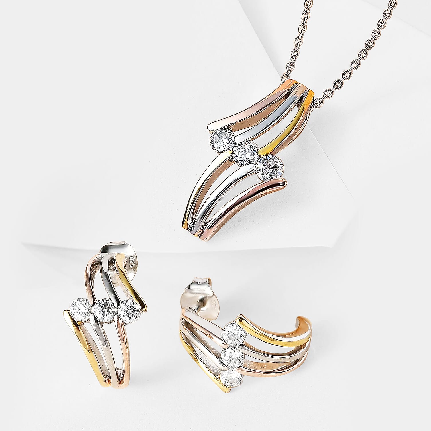 Moissanite Pendant with Chain (Size 20) and Earrings in Platinum Overlay, 18K Yellow and Rose Gold Vermeil Sterling Silver